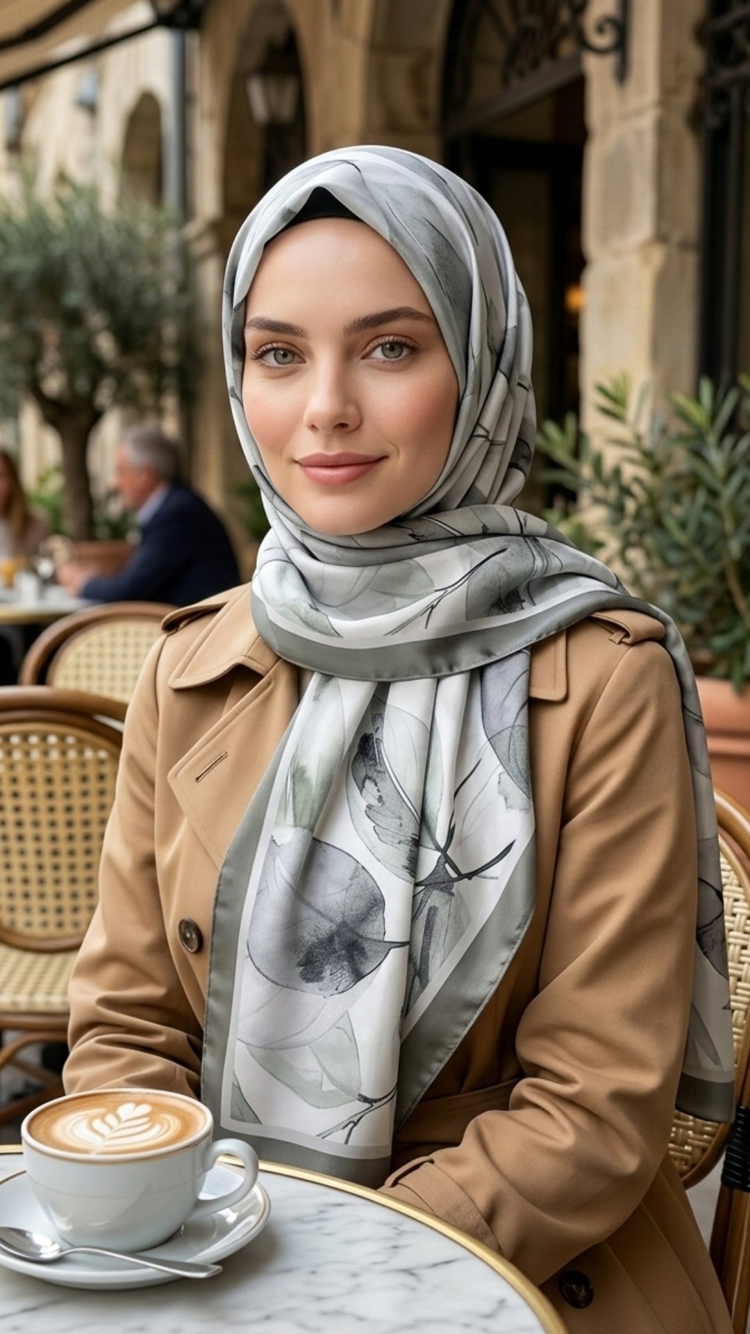 Retro Desenli Pamuk Şal Haki Yaprak | Mena Serisi