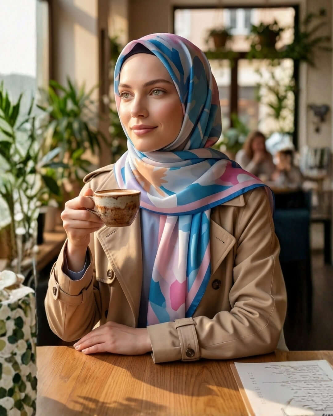 Desenli Pamuk Soft Şal - İlham Serisi Mavi Pembe Kenarlı