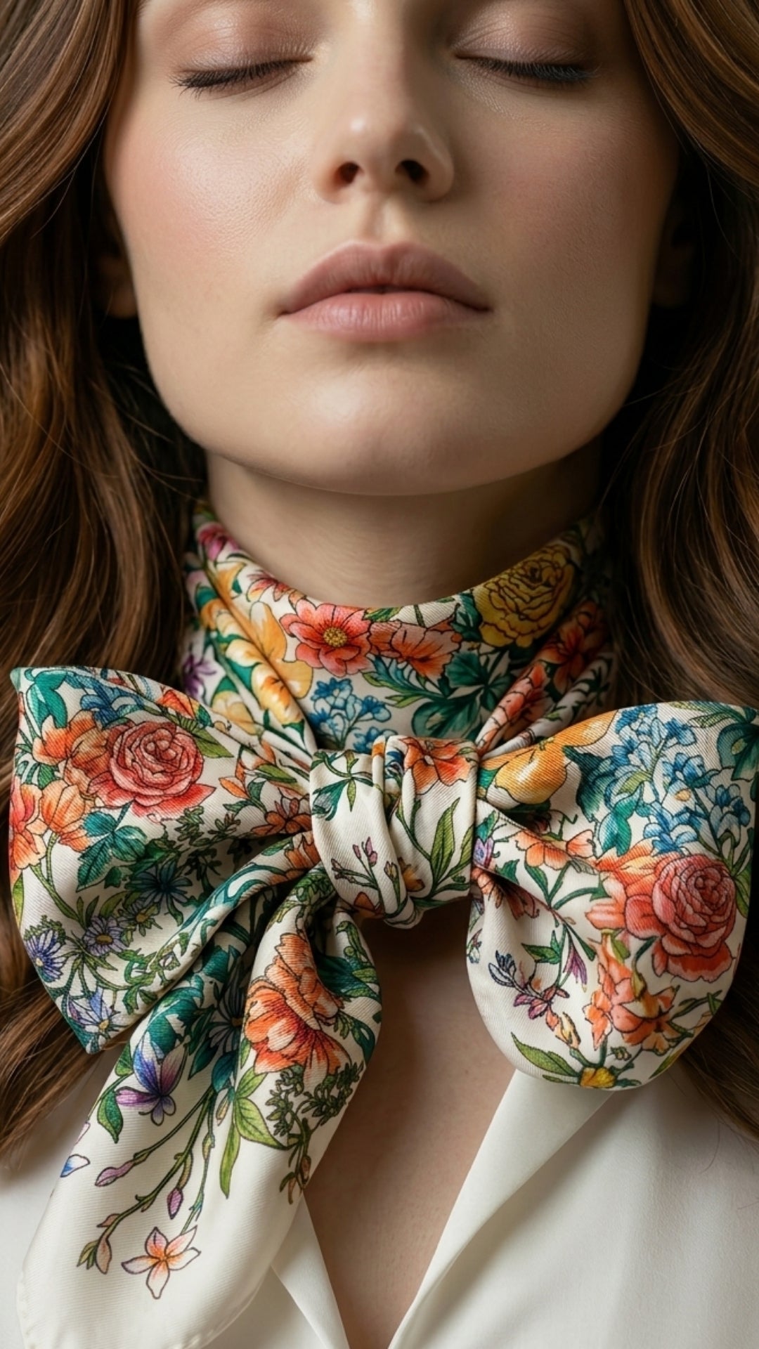 Bahar Çiçekleri Desenli İpek Fular boyunda dökümlü duruş