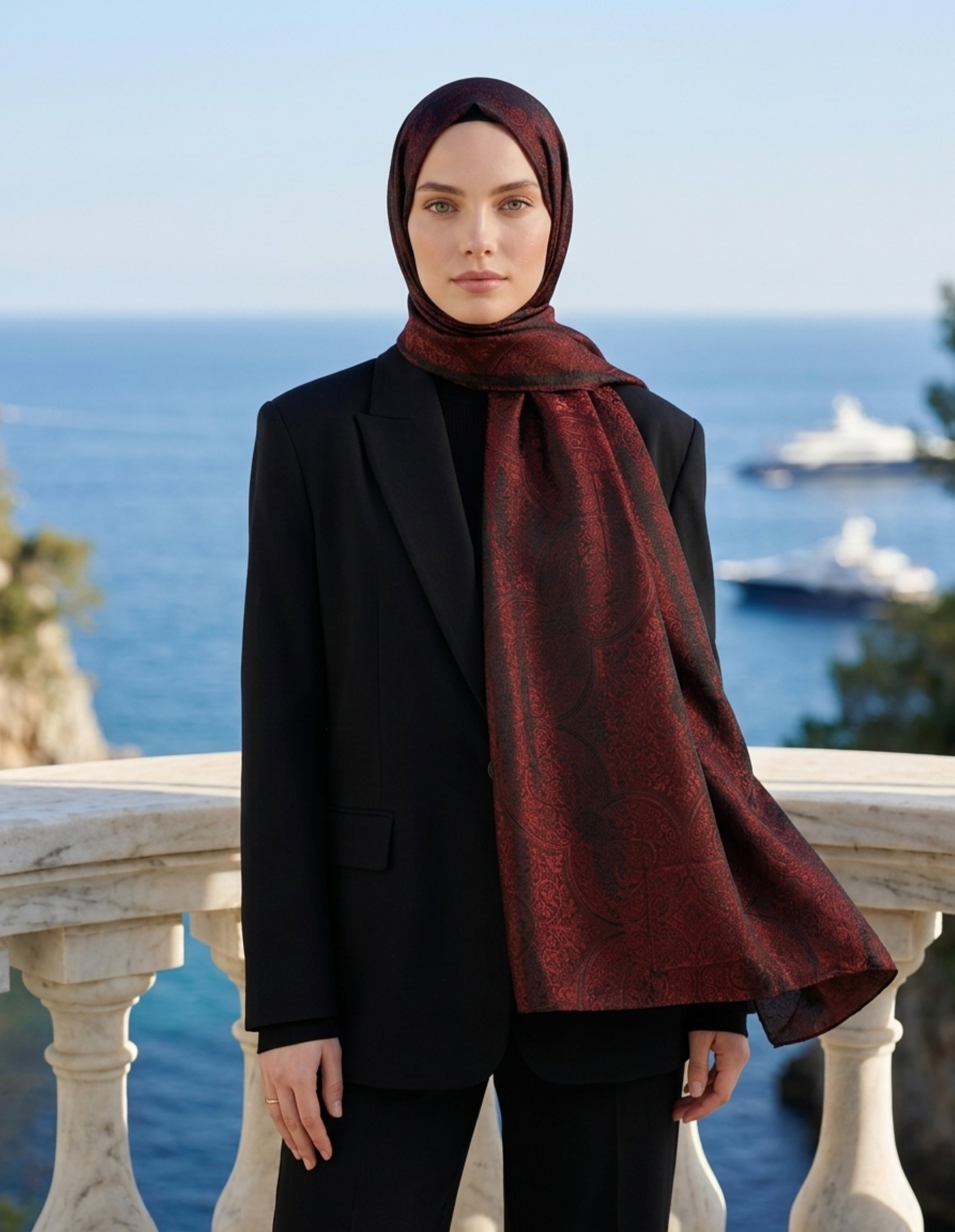 Vera Desen Shine Line Şal Siyah Bordo | Klasik Zarafet