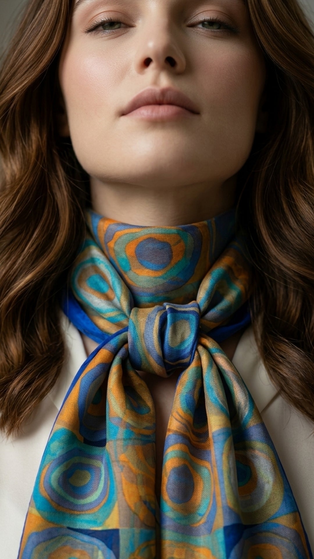 Modern Dairesel Desenli Bursa ipeği fular boyunda dökümlü duruş