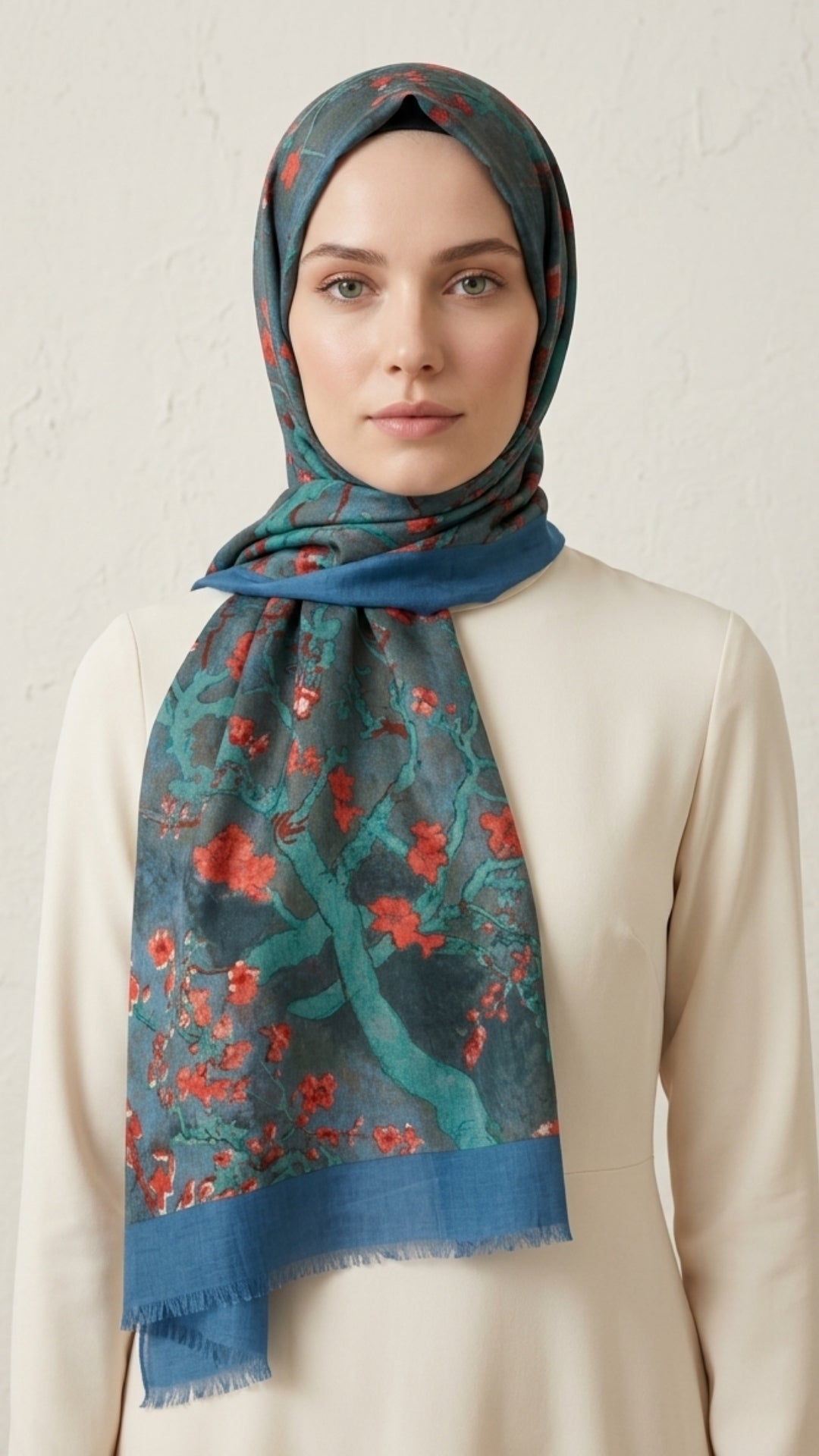 Van Gogh Çiçek Açan Badem Ağacı Pamuk Şal Petrol-Pembe önden görünüm