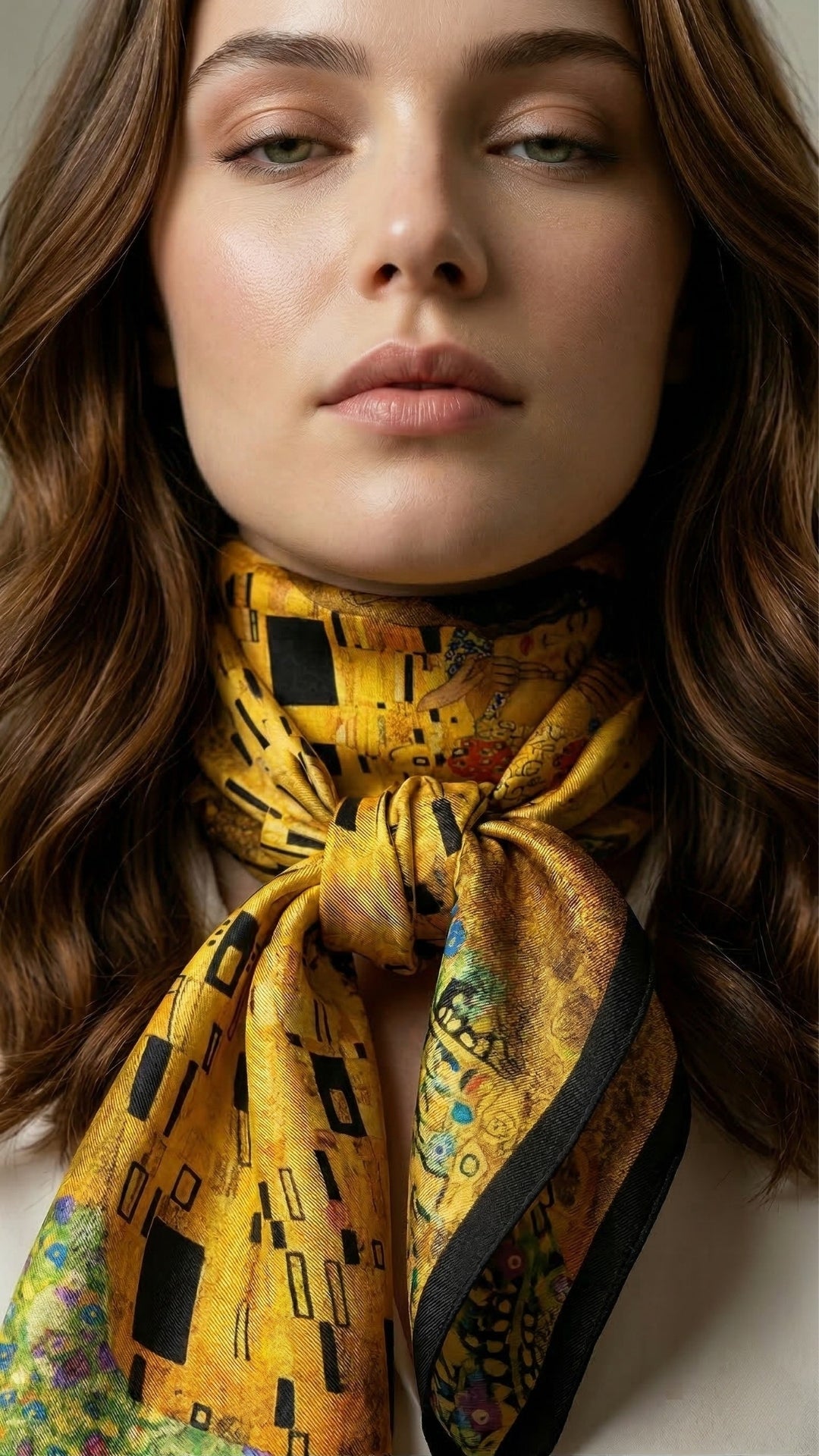 Klimt Öpücük Desenli İpek Fular boyunda bağlanmış duruş