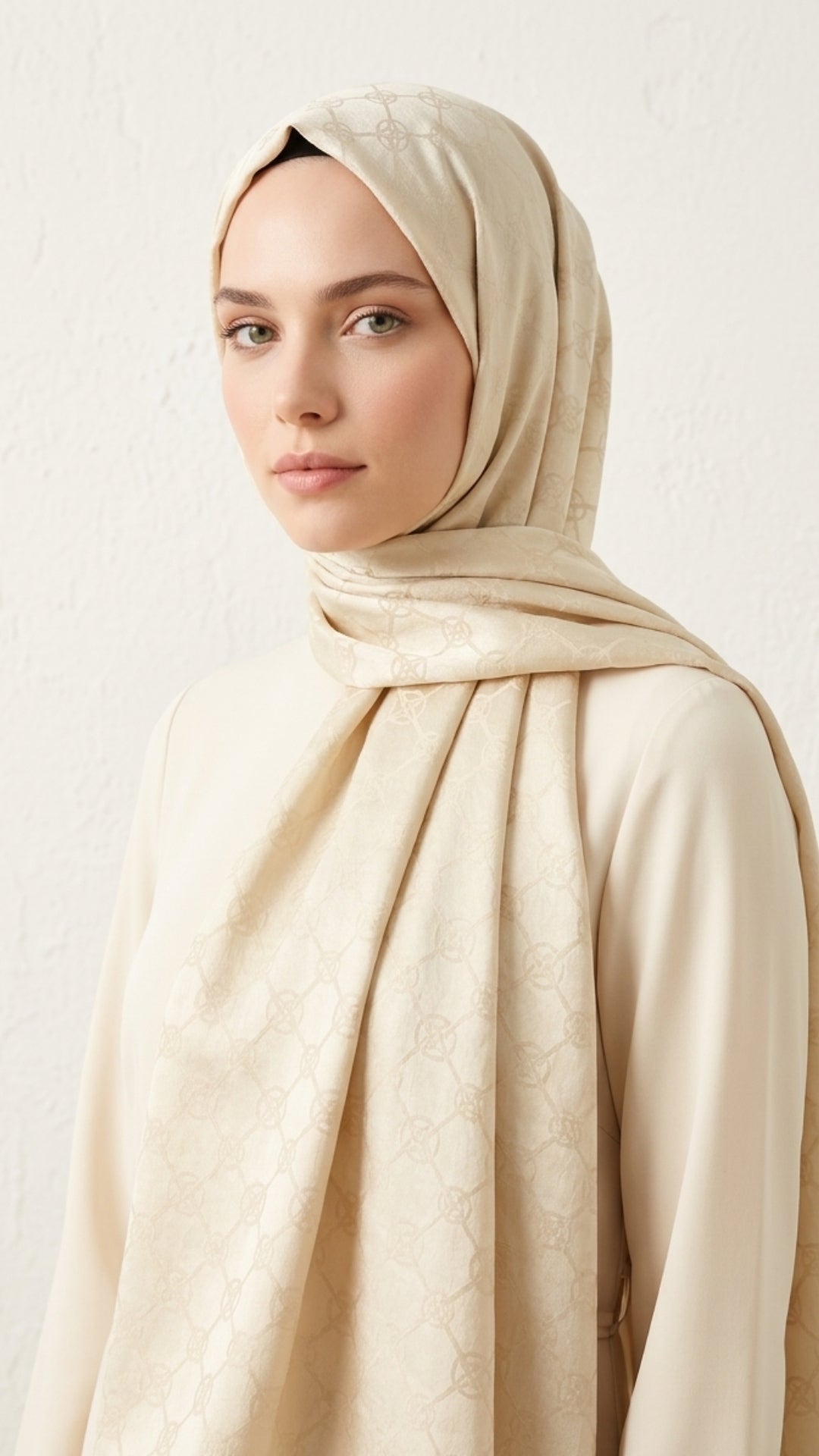 İtalyan Jakar Şal Monogram Desen Bej önden görünüm