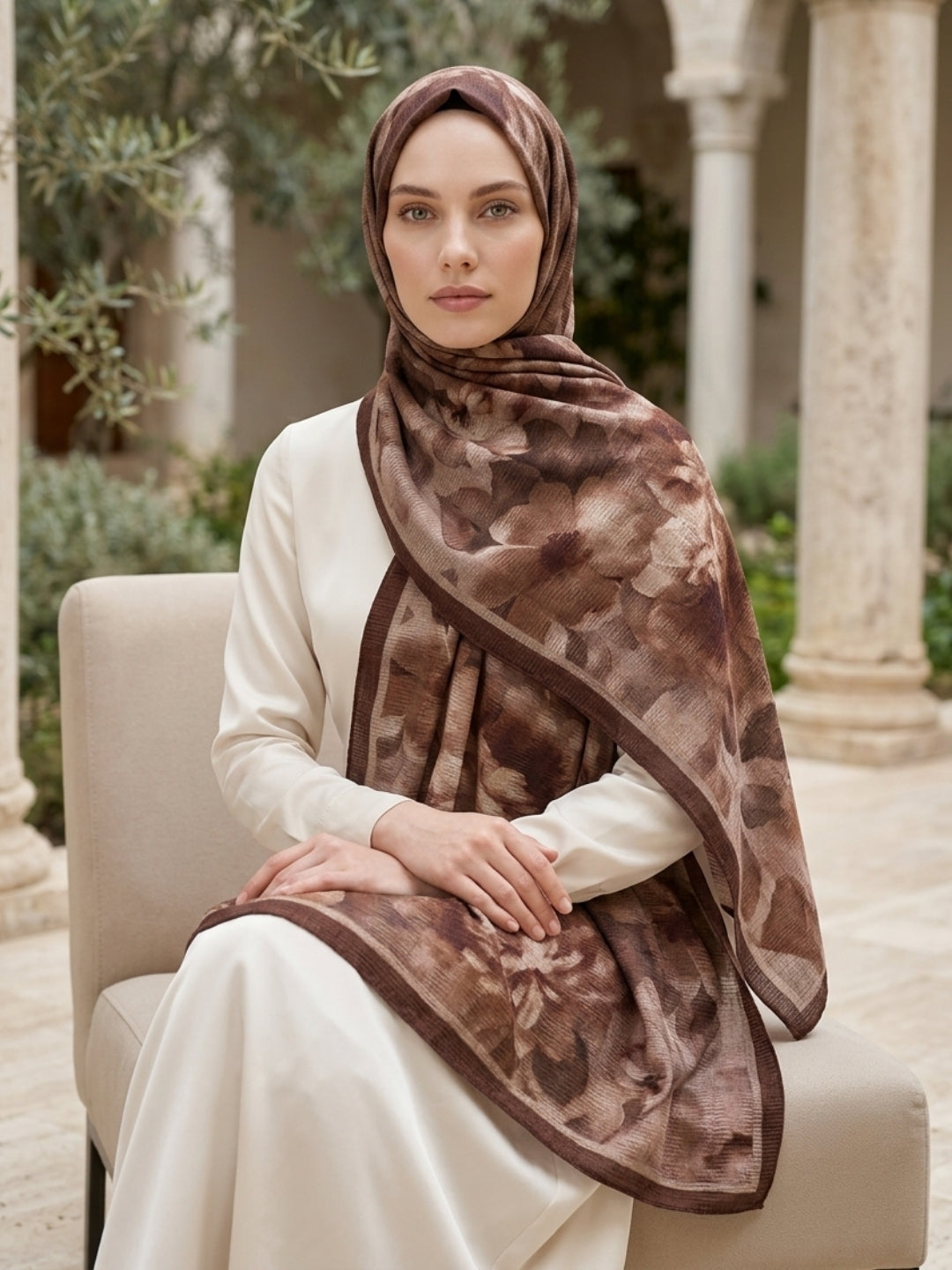 Frosted Bloom Müslin Şal Kahve - Sıcak ve Zamansız Stil