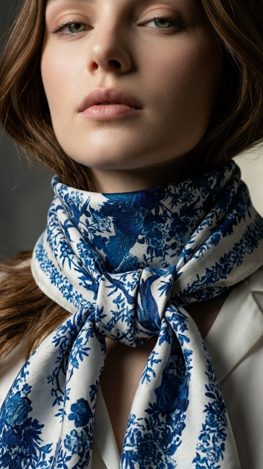 Mavi Beyaz Kuş Desenli İpek Fular boyunda dökümlü duruş