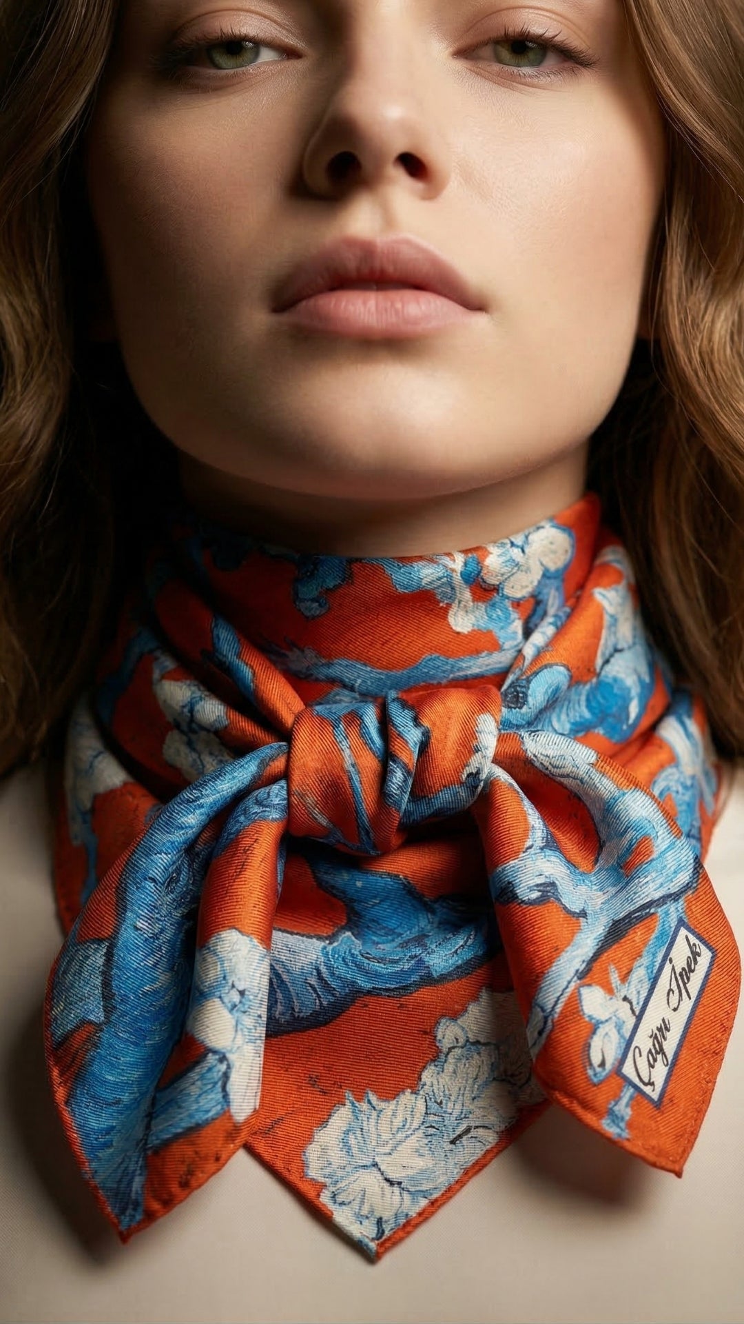 Nar Çiçeği Badem Çiçeği Desenli İpek Fular boyunda bağlanmış duruş