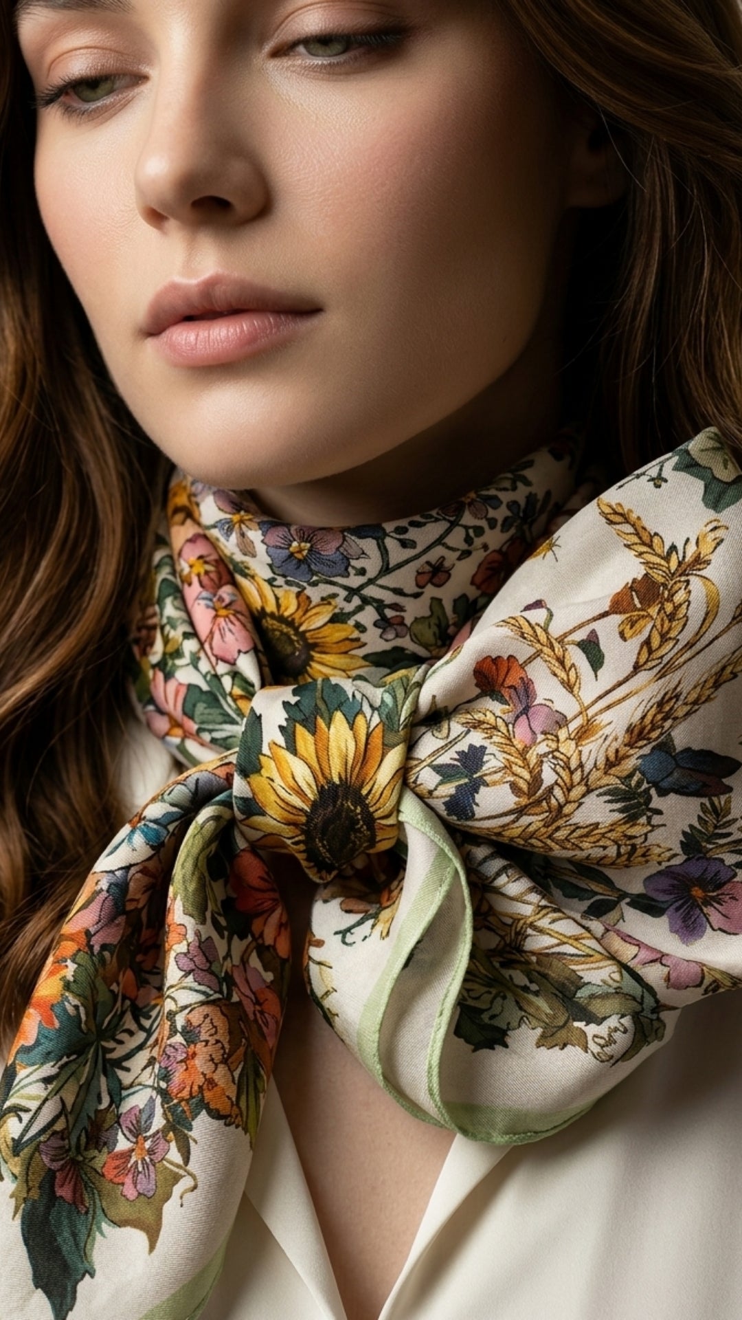 Kır Çiçeği Desenli İpek Fular boyunda dökümlü duruş