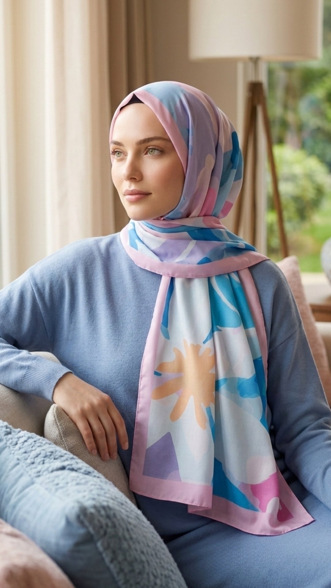 Desenli Pamuk Soft Şal - İlham Serisi Mavi Pembe Kenarlı