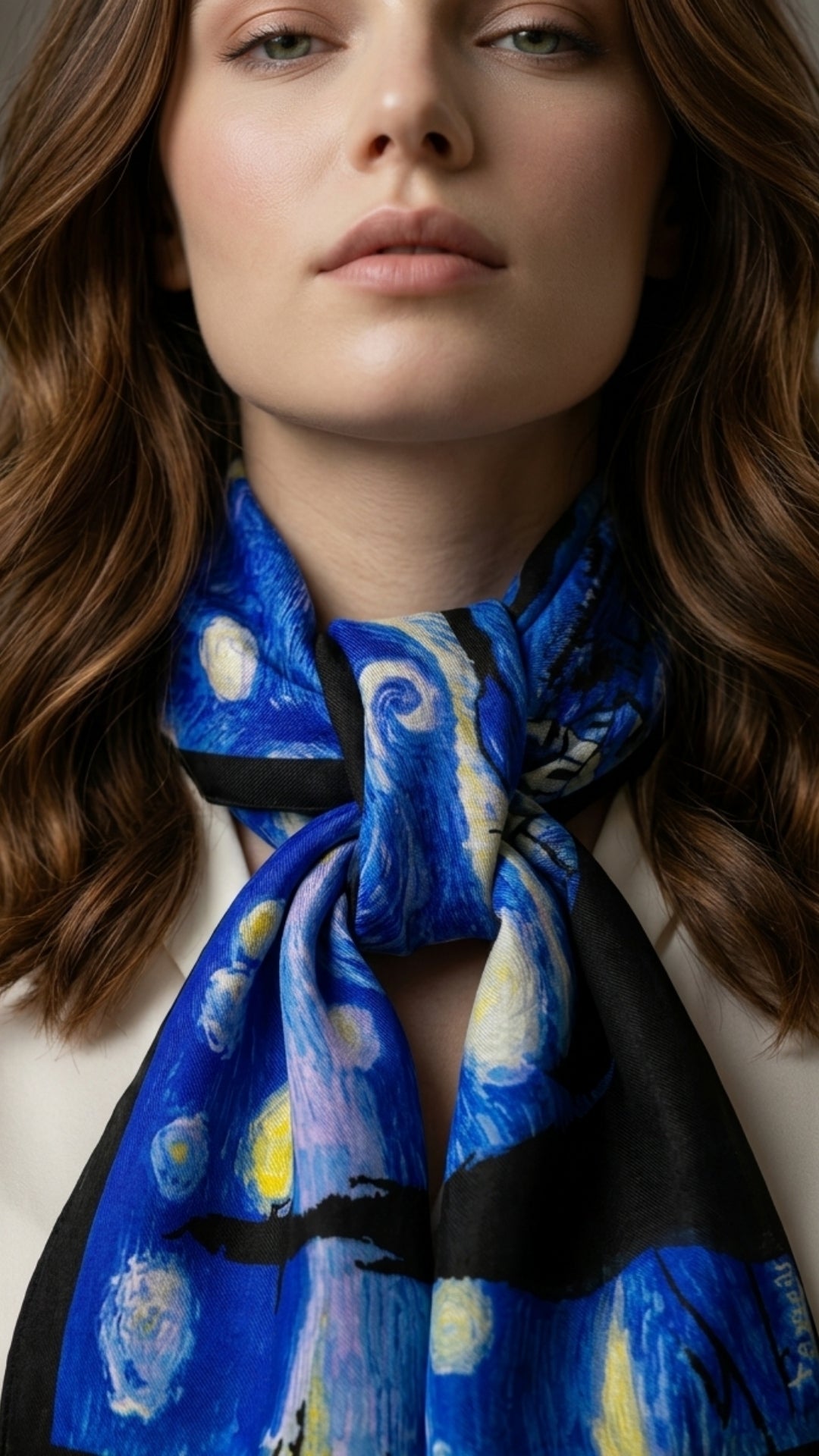 Van Gogh Yıldızlı Gece ipek fular mavi boyunda dökümlü duruş