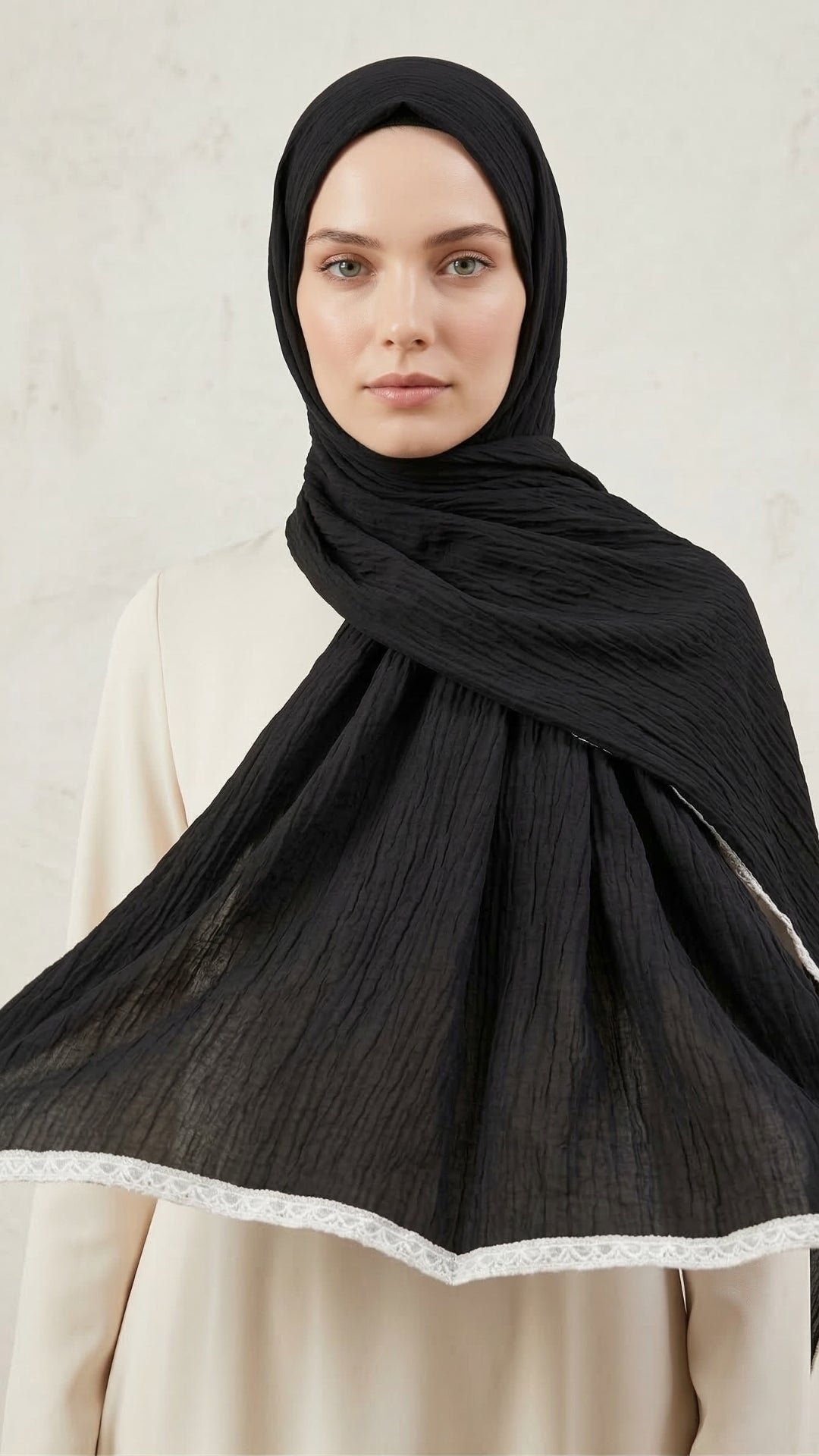 Biyeli Müslin Şal Siyah önden görünüm
