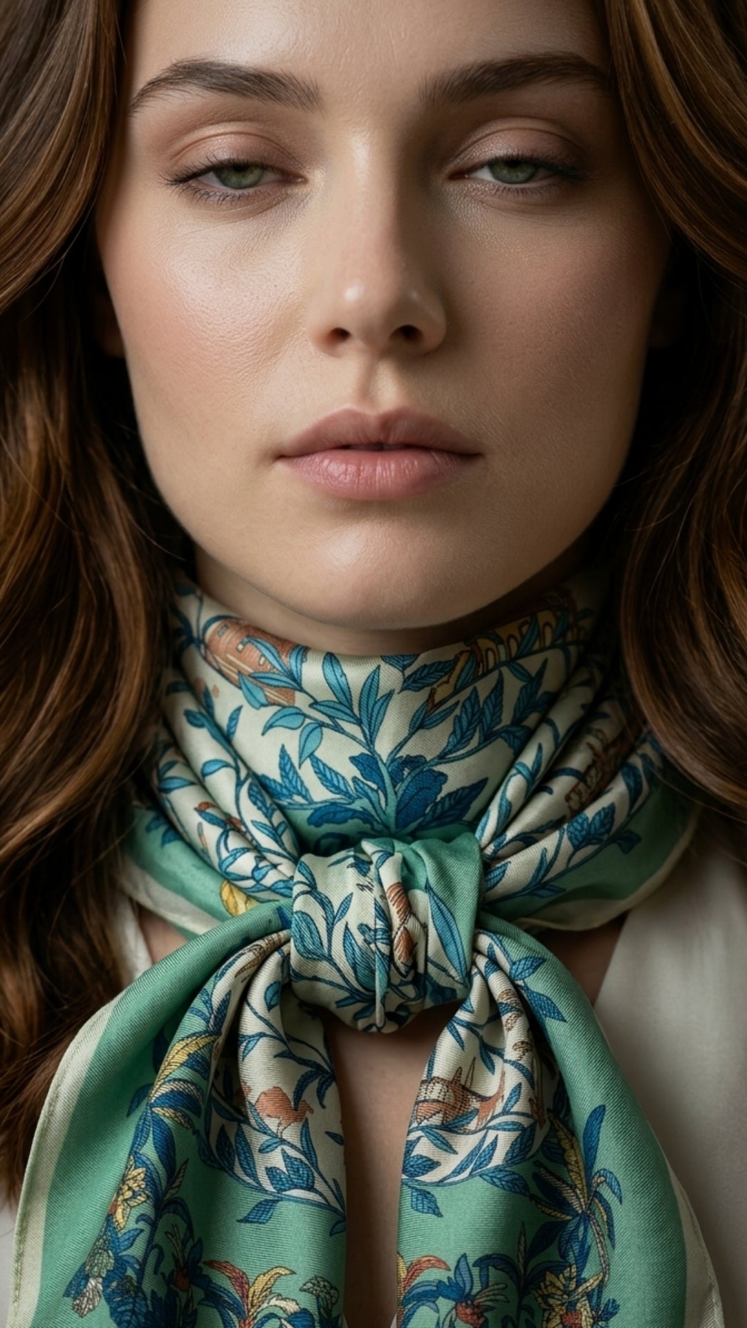 Masalsı Hayat Ağacı Desenli İpek Fular boyunda dökümlü duruş