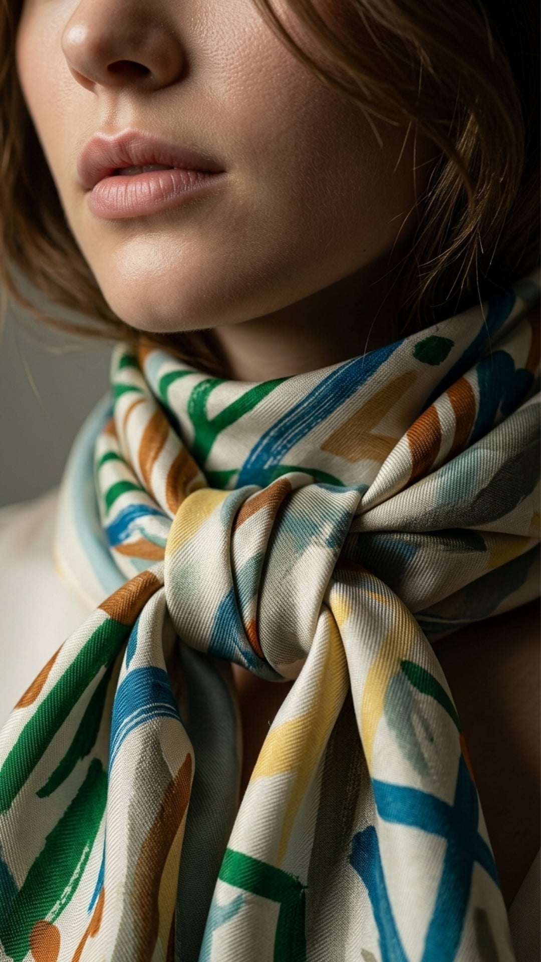 Japon Esintili Mavi Desenli İpek Fular boyunda dökümlü duruş