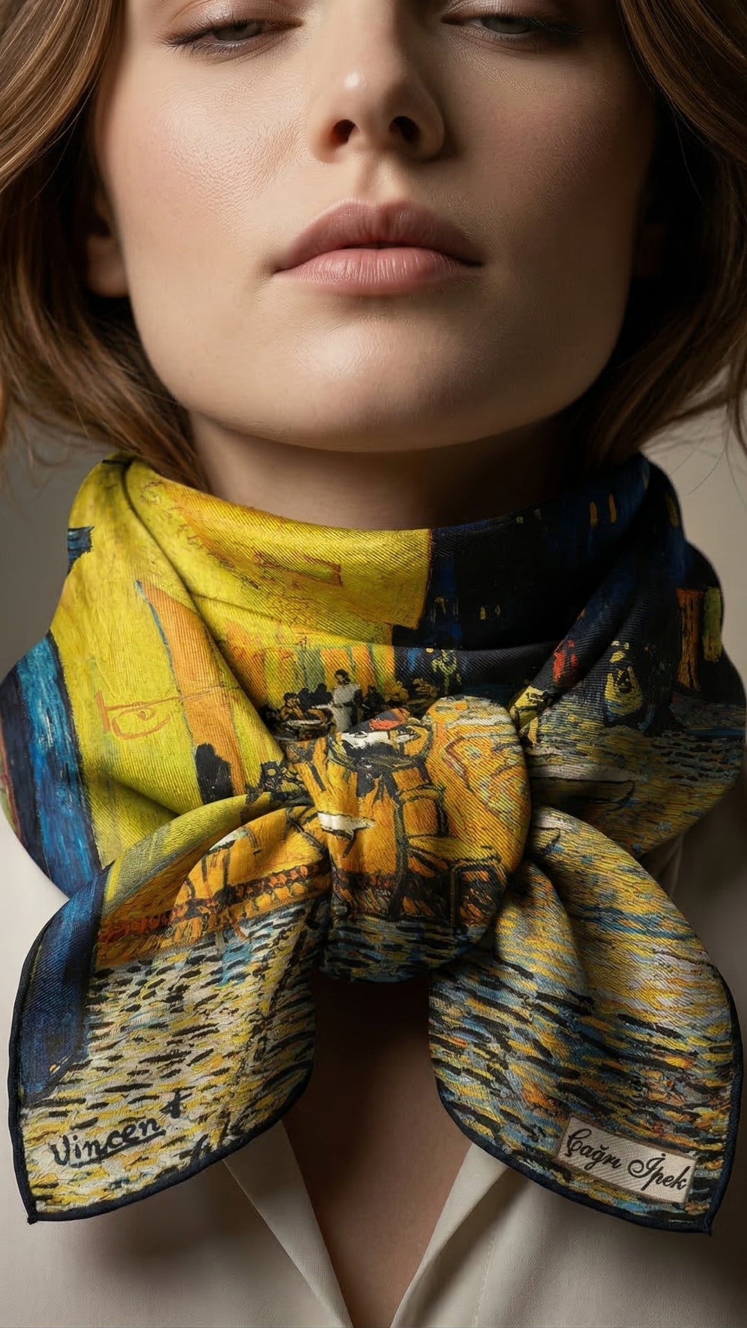 Gece Kafesi Desenli İpek Fular boyunda bağlanmış duruş