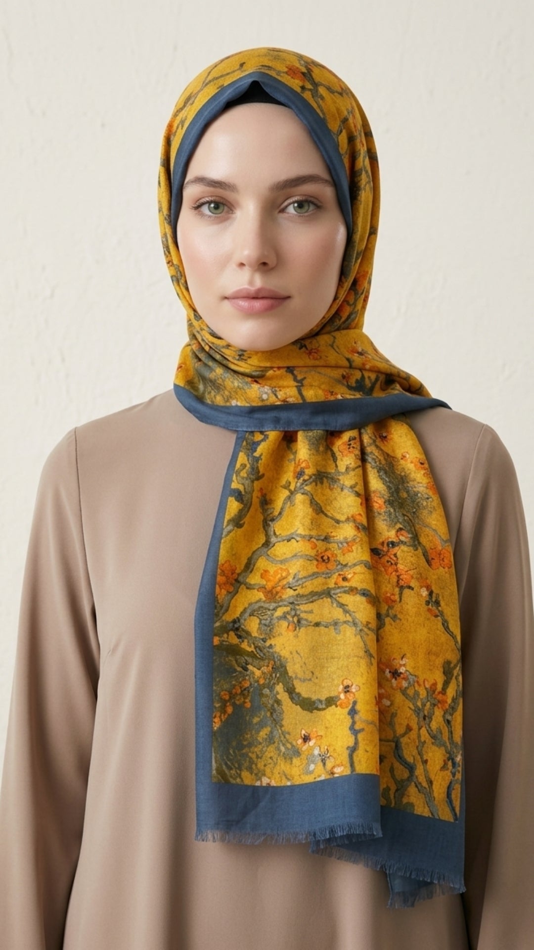 Van Gogh Çiçek Açan Badem Ağacı Pamuk Şal Petrol-Hardal önden görünüm