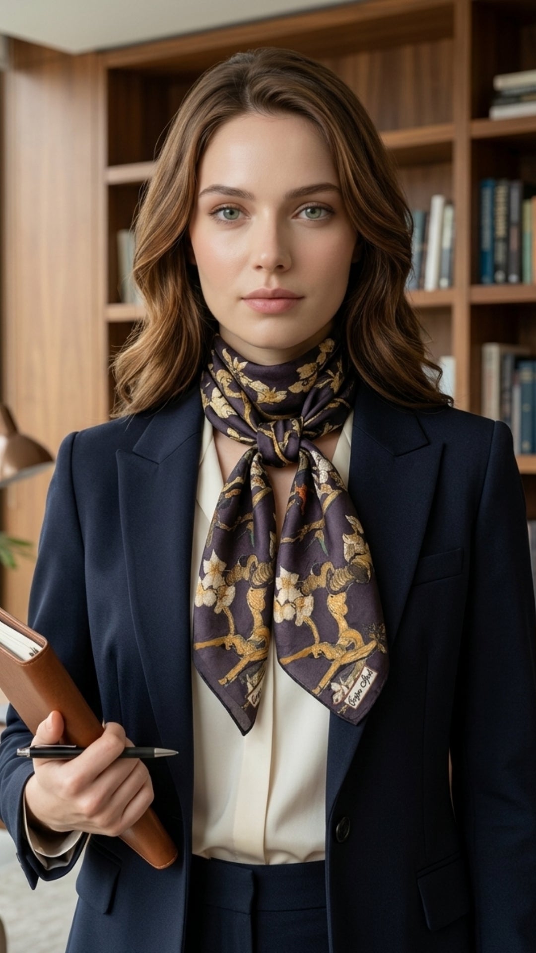 Siyah Badem Çiçeği Desenli İpek Fular boyunda bağlanmış duruş