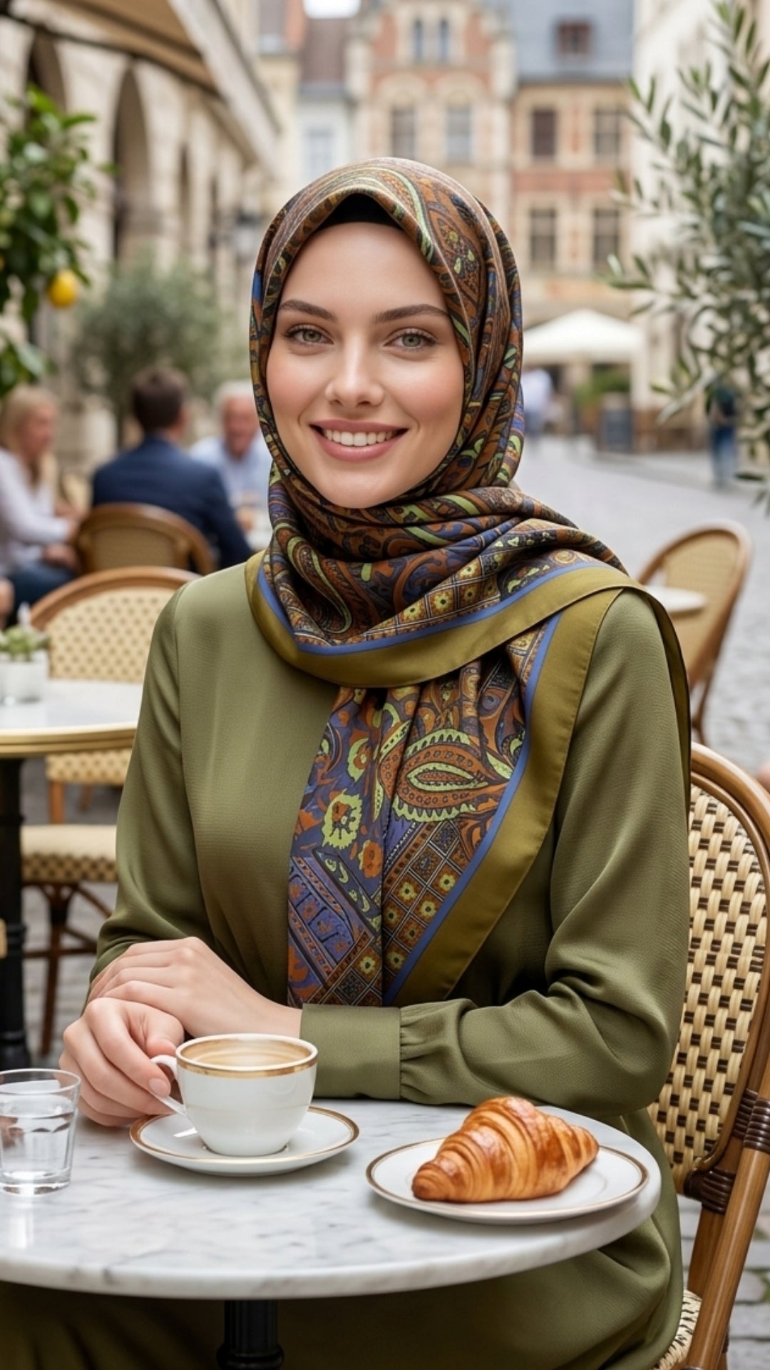 Yeşil Hasna şal takmış bir kadın, kafede kahve ve croissant ile oturuyor.