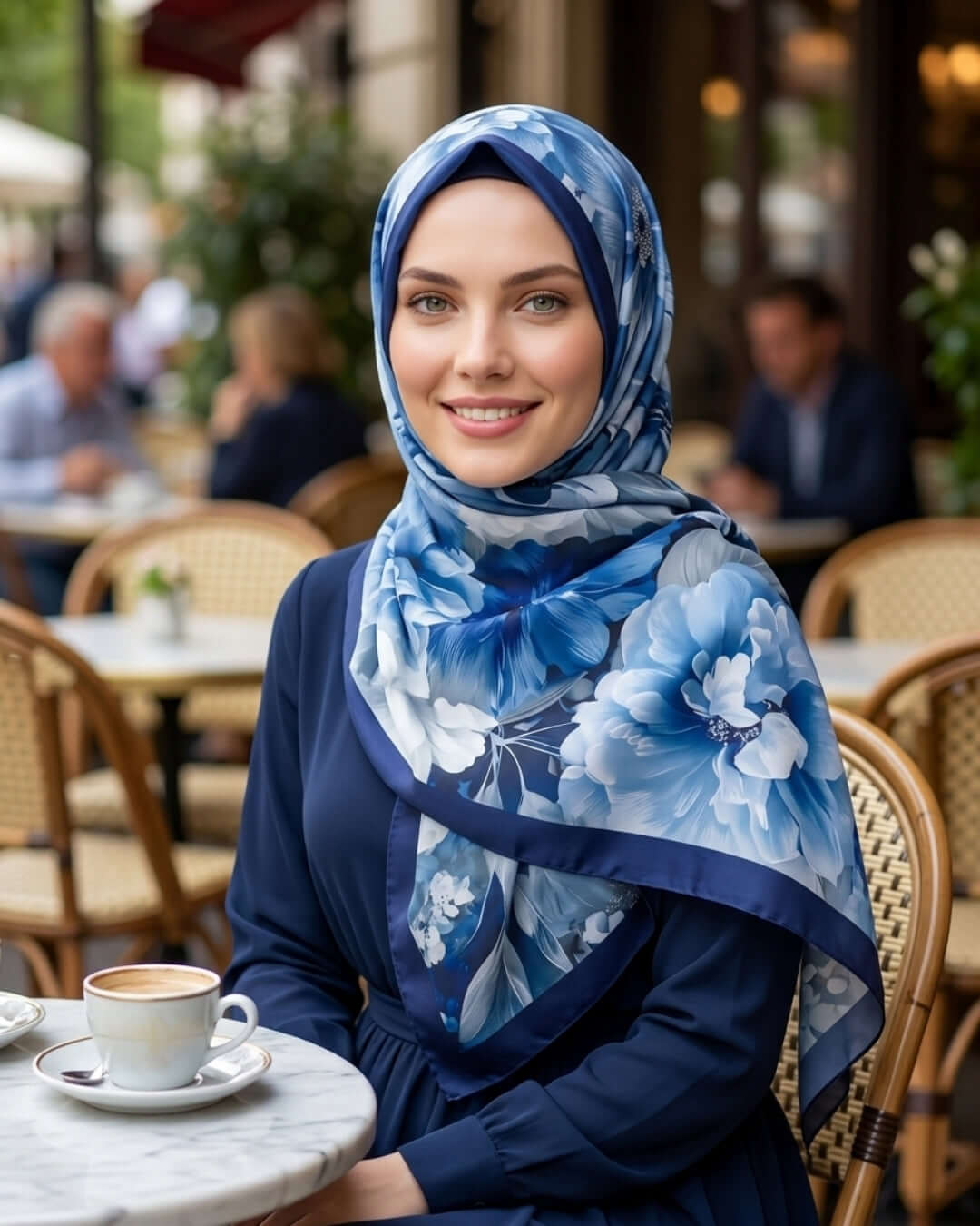 Desenli Pamuk Soft Şal Mavi Soon Serisi omuzda dökümlü duruş