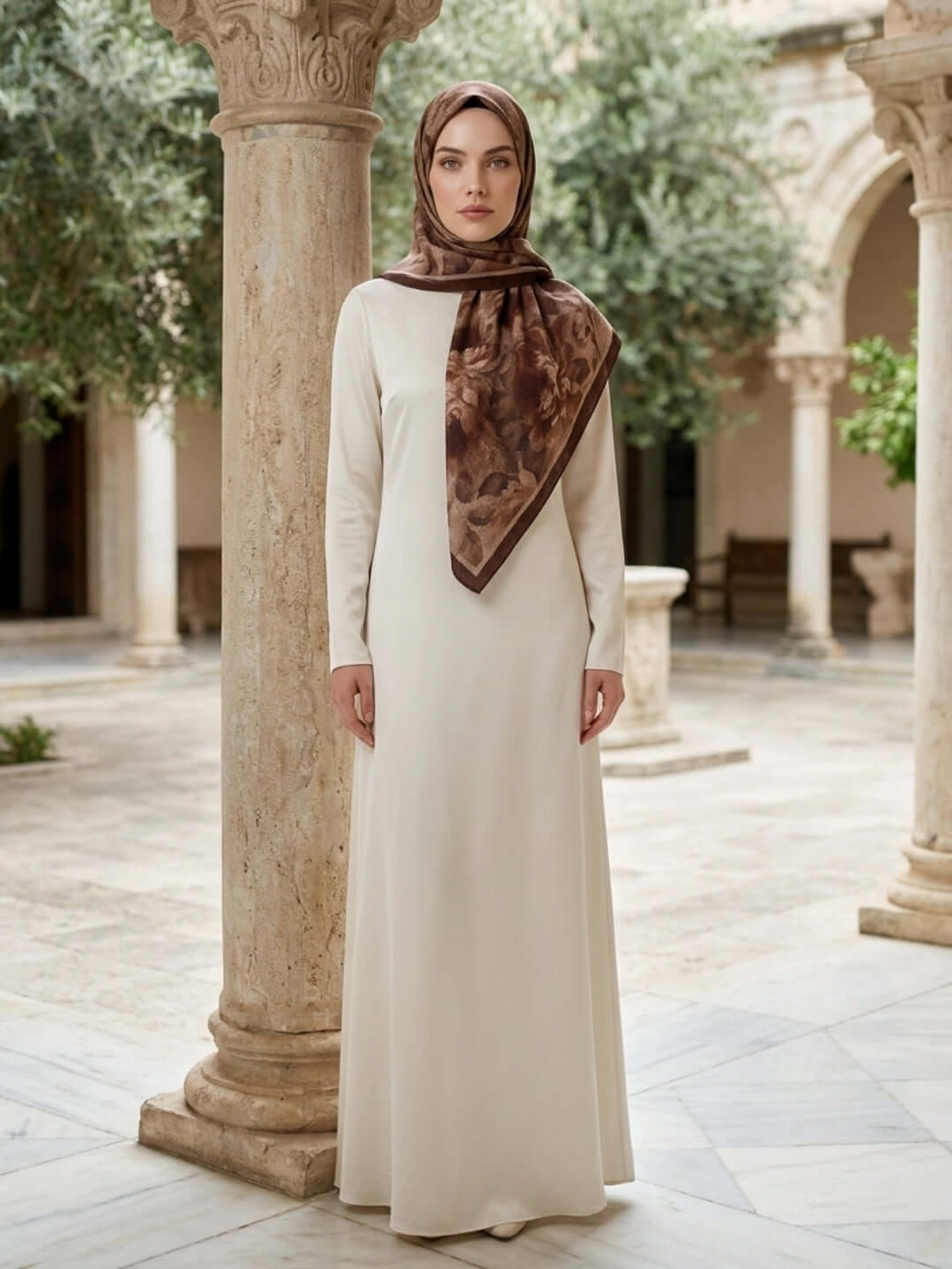 Frosted Bloom Müslin Şal Kahve - Sıcak ve Zamansız Stil