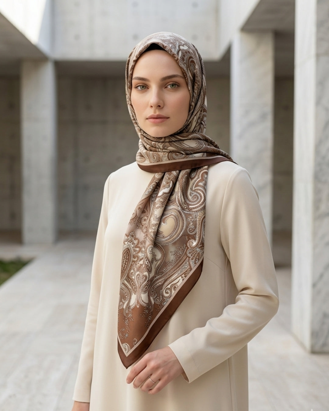 kahverengi heritage gazel şal, modern ve geleneksel tarzı bir arada sunan şal, zarif desenleriyle dikkat çekiyor.