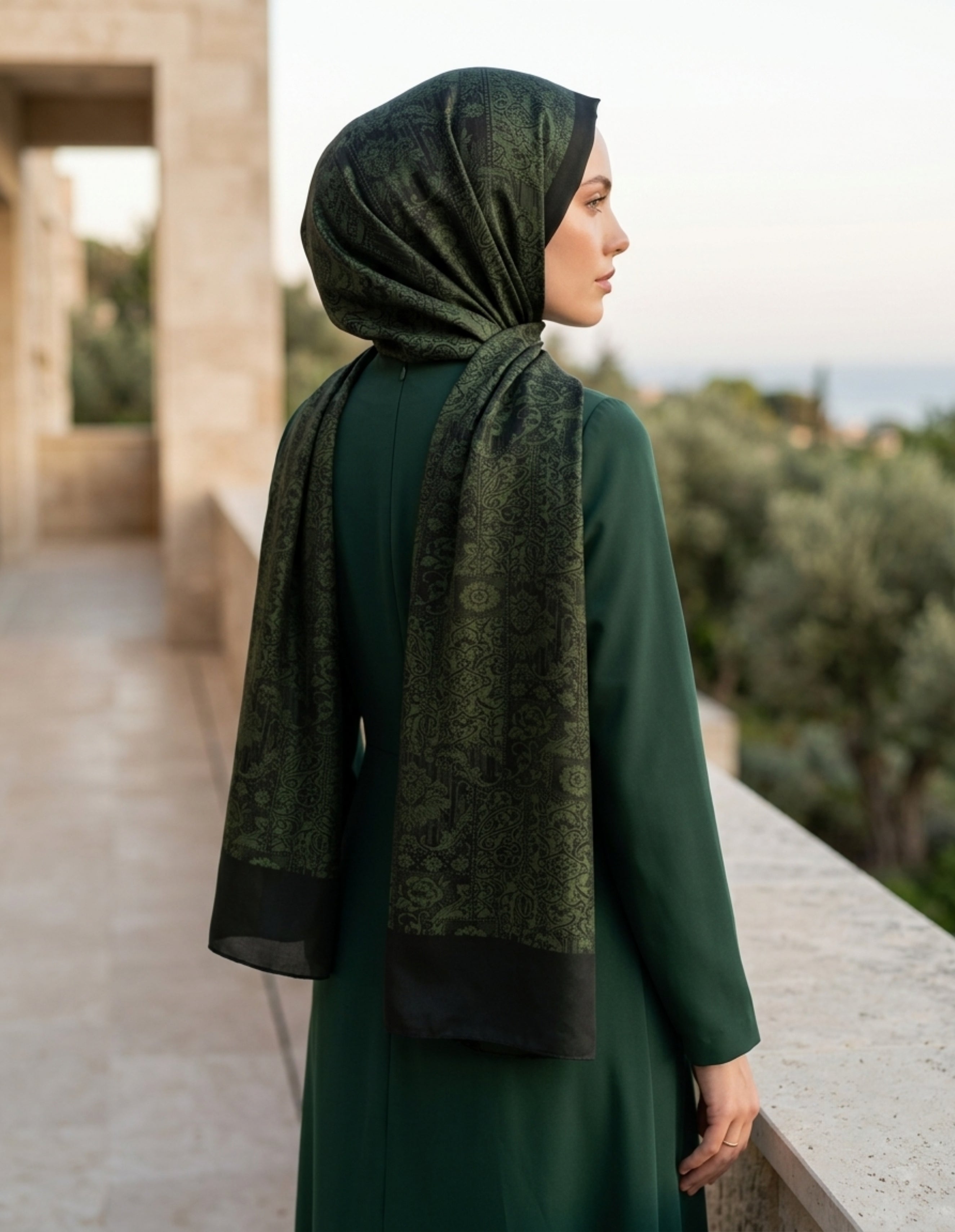 Henna Desen Çift Taraflı Şal Siyah Haki | Modern Zarafet