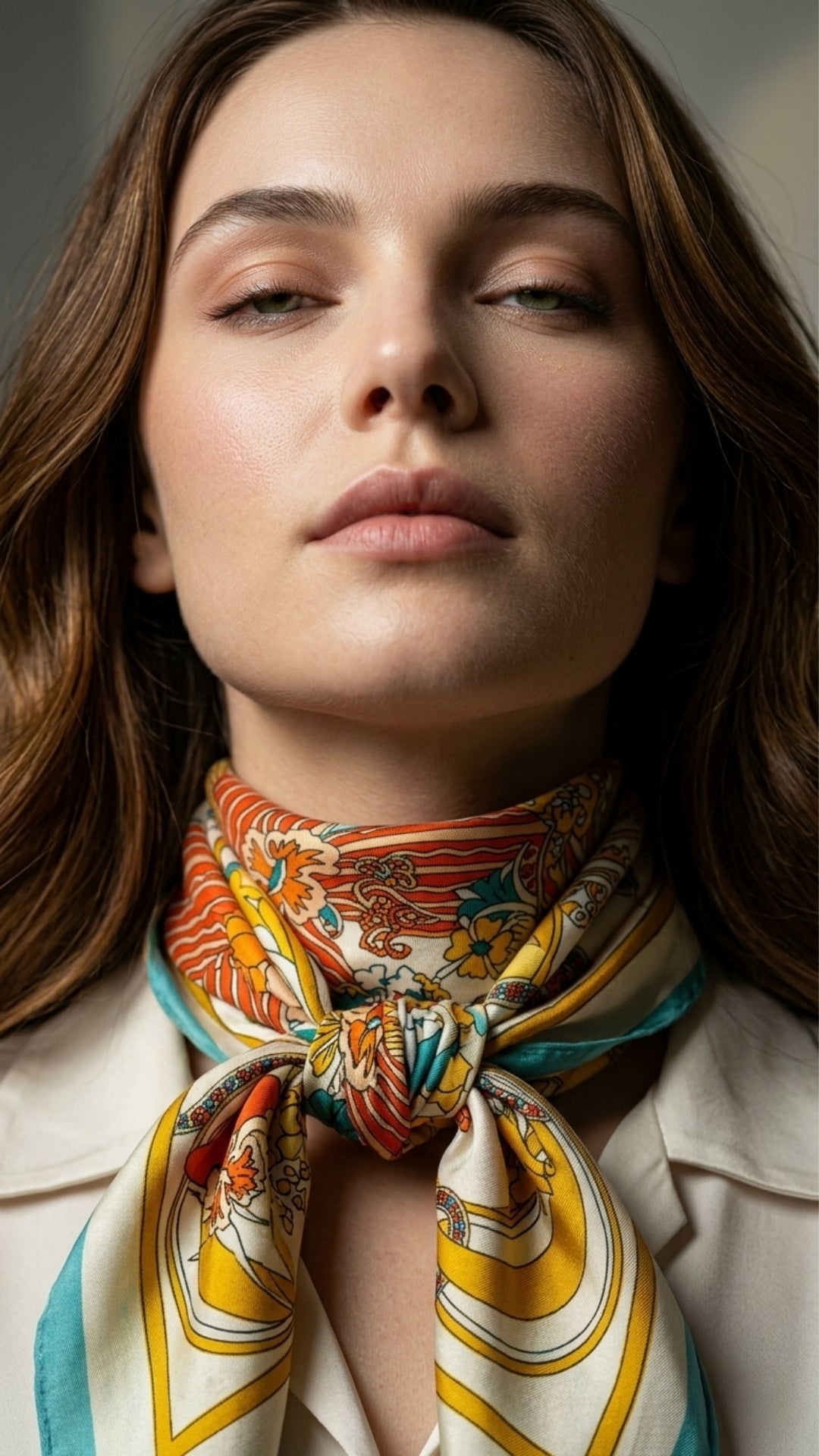 Vintage Çiçek Desenli İpek Fular boyunda dökümlü duruş