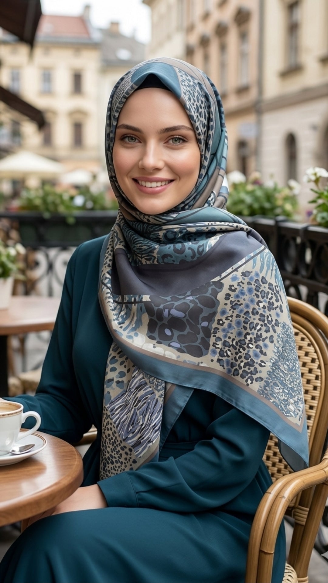 Mavi şal tasarımı ile şık bir görünüm sergileyen kadın, kafe ortamında gülümseyerek oturuyor.