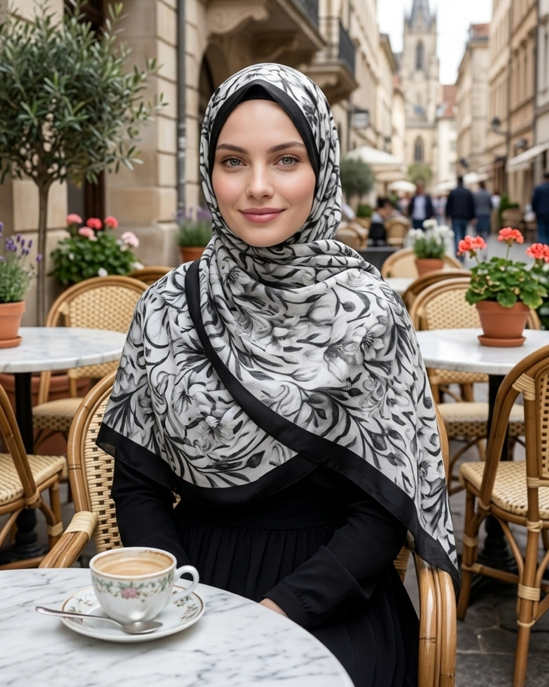 Fransız İpeği Desenli Şal Dökümlü Siyah Beyaz