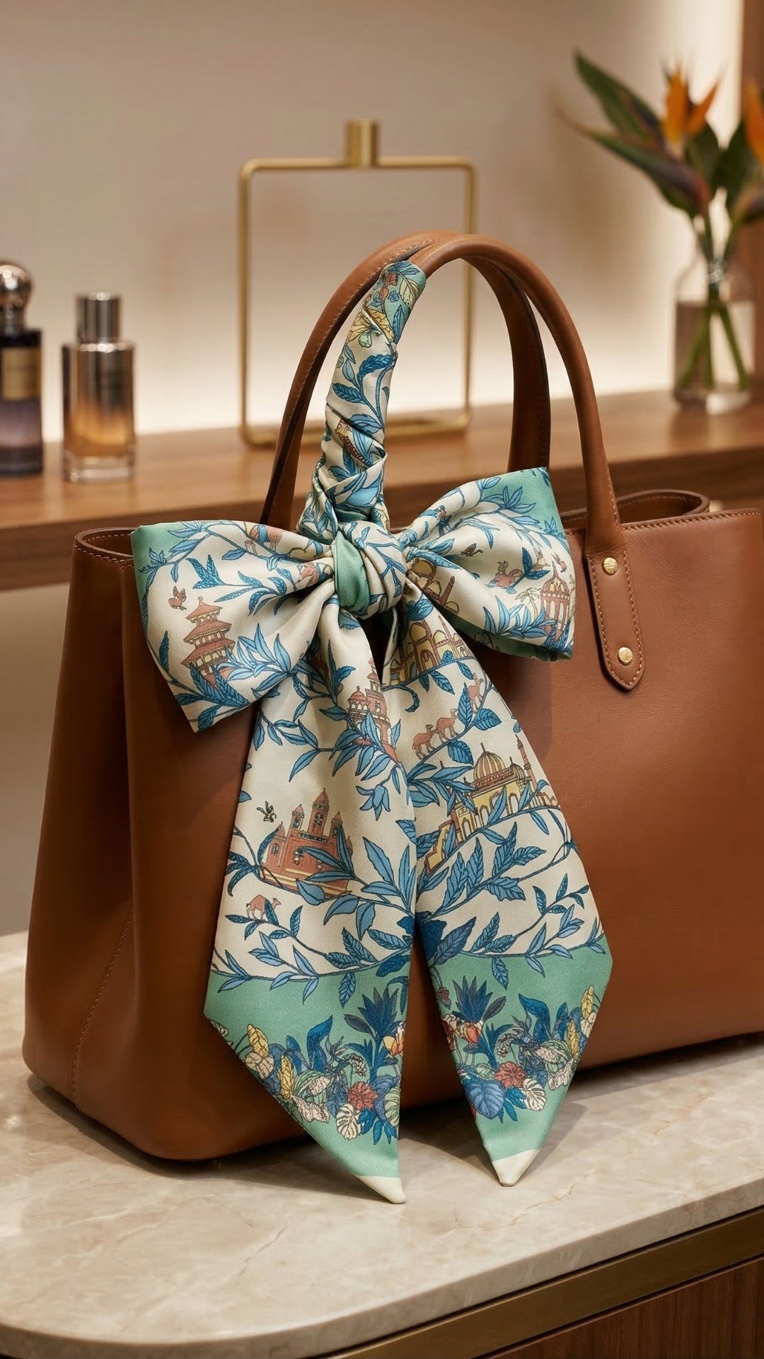 Masalsı Hayat Ağacı Desenli İpek Fular çantada şık aksesuar kullanımı