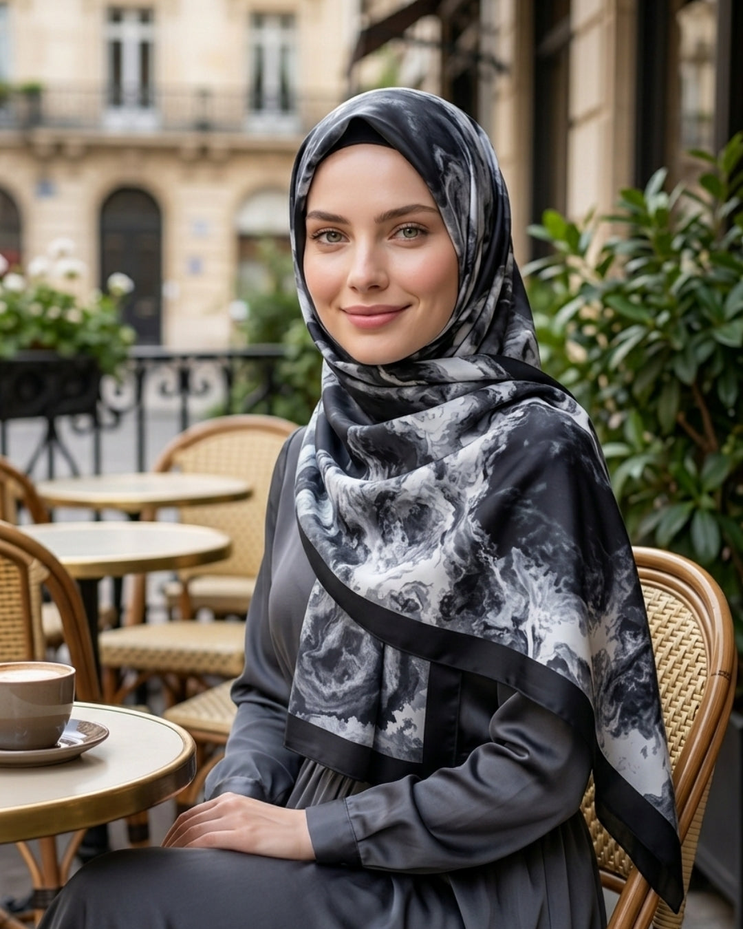 Desenli Pamuk Soft Şal Siyah Beyaz Vera Serisi omuzda dökümlü duruş