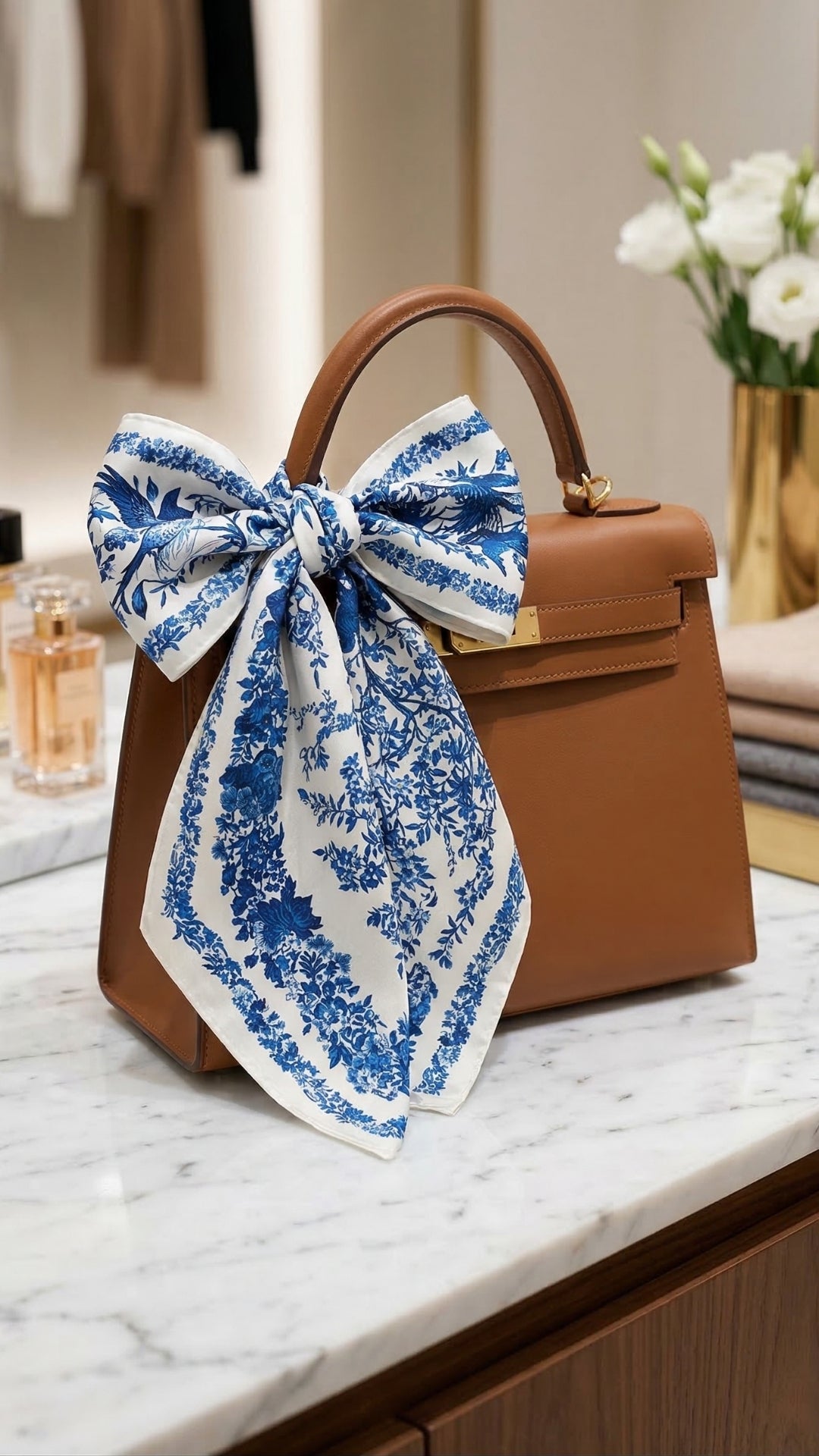 Mavi Beyaz Kuş Desenli İpek Fular çantada şık aksesuar kullanımı