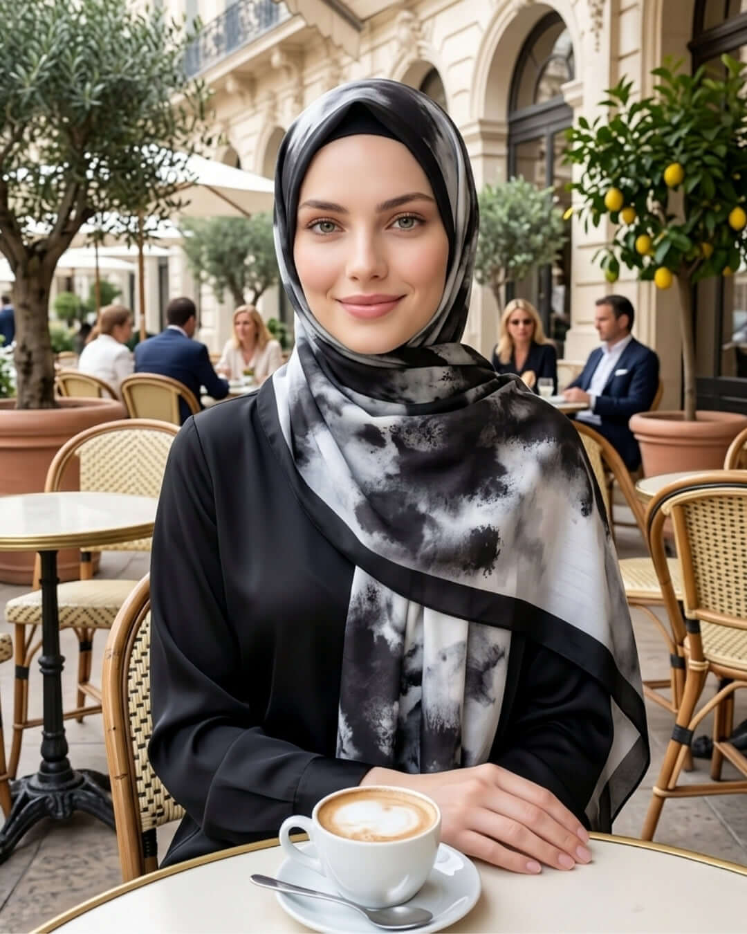 Batik Desenli Pamuk Soft Şal Siyah Batik omuzda dökümlü duruş