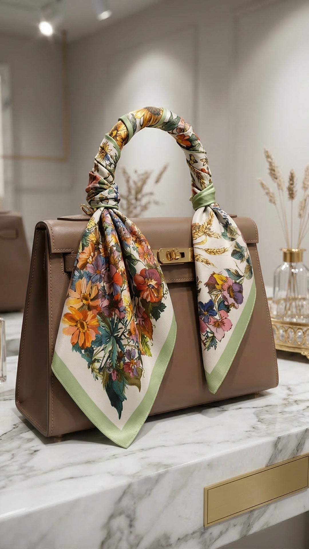 Kır Çiçeği Desenli İpek Fular çantada şık aksesuar kullanımı