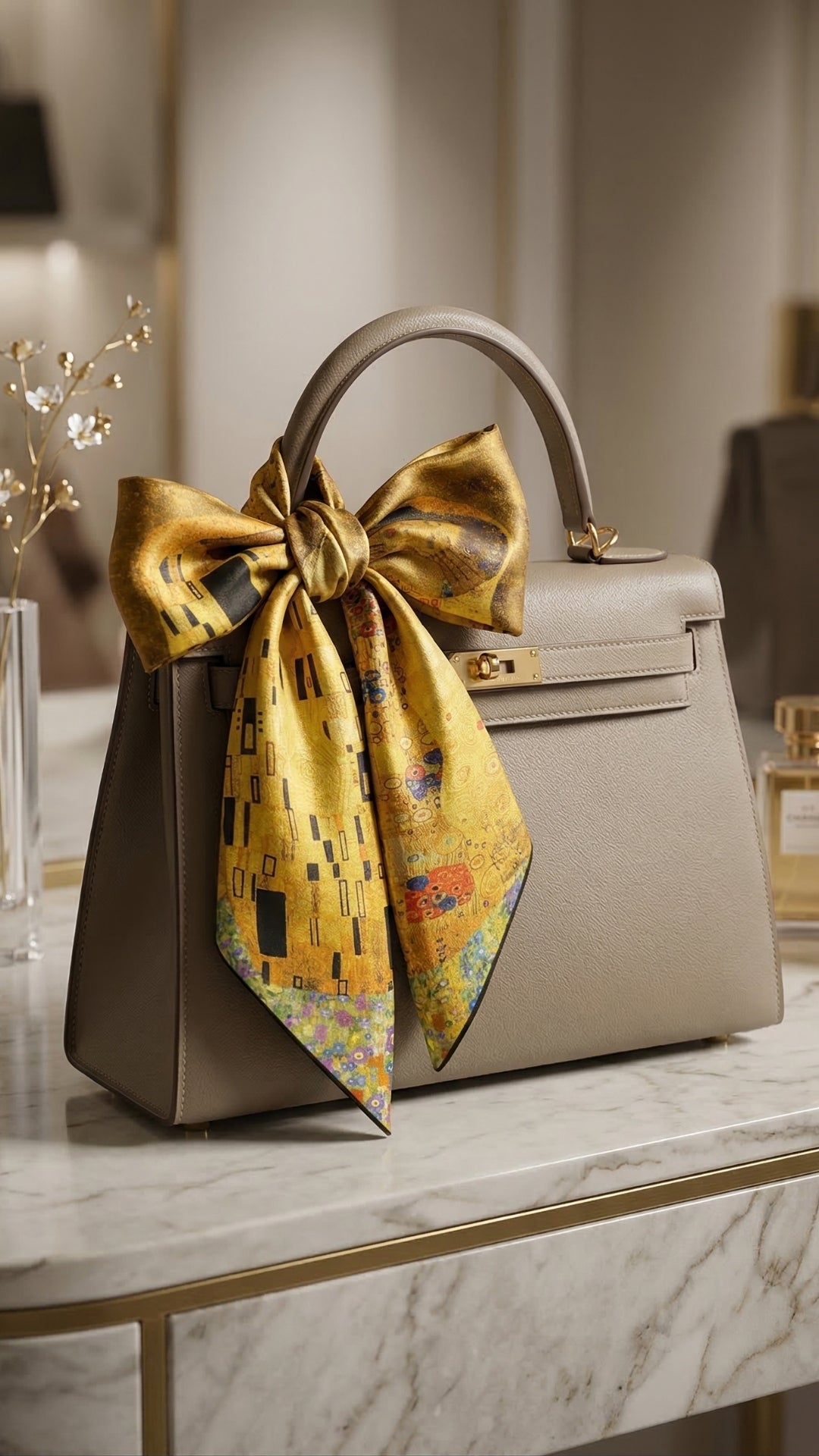 Klimt Öpücük Desenli İpek Fular çantada aksesuar kullanımı