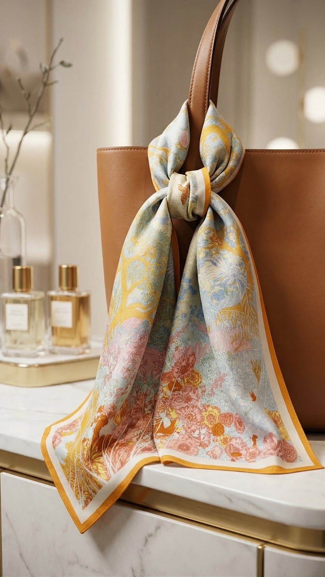 Pastel Doğa Manzaralı İpek Fular çantada şık aksesuar kullanımı
