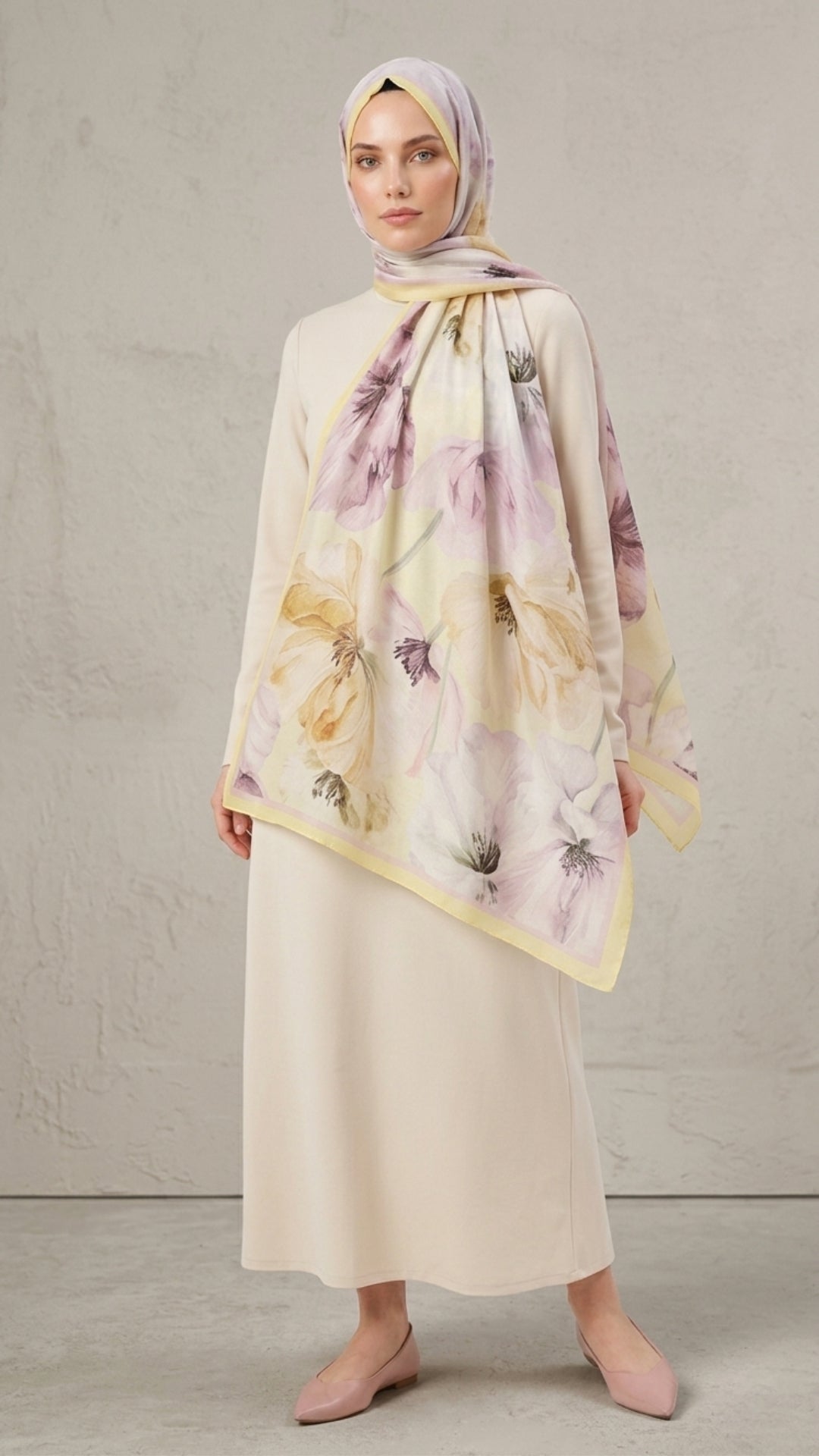 Desenli Bambu Kraş Şal Sarı Mor Çiçek | Canlı Zarafet
