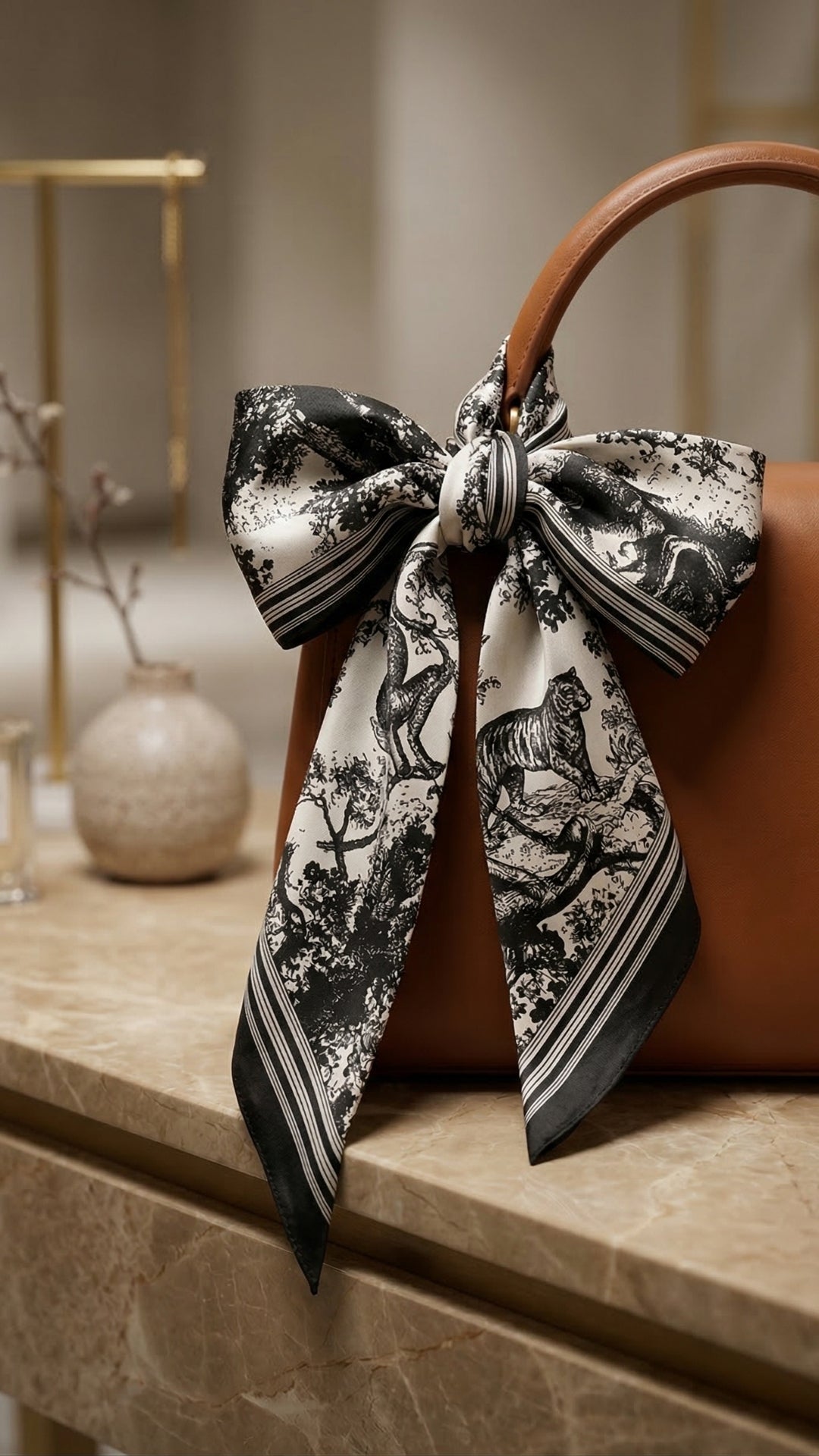 Siyah Beyaz Safari Desenli İpek Fular çantada şık aksesuar kullanımı