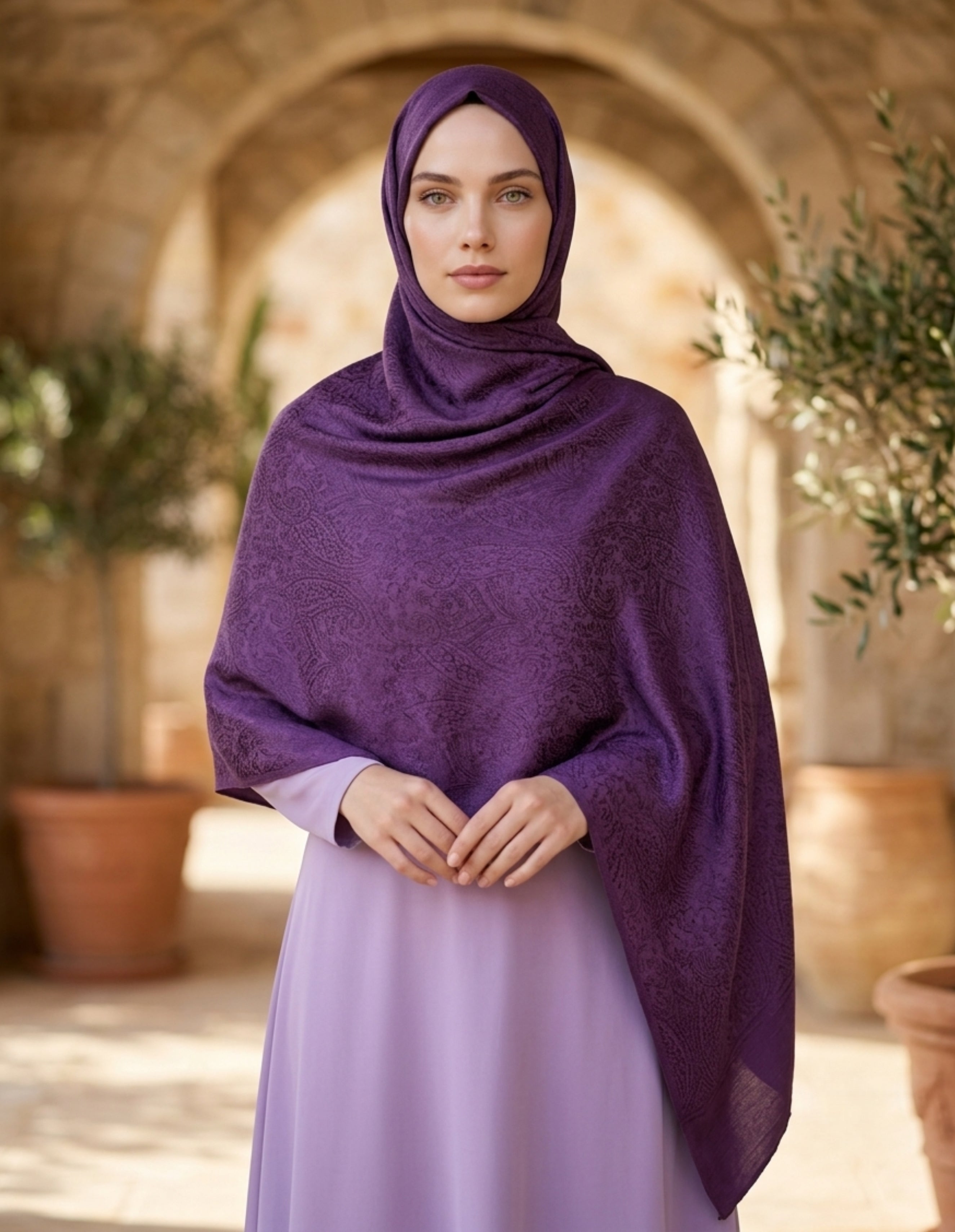 Moda Nûda ED Scarf Çift Taraflı Etnik Desen Şal Mor detay çekimi