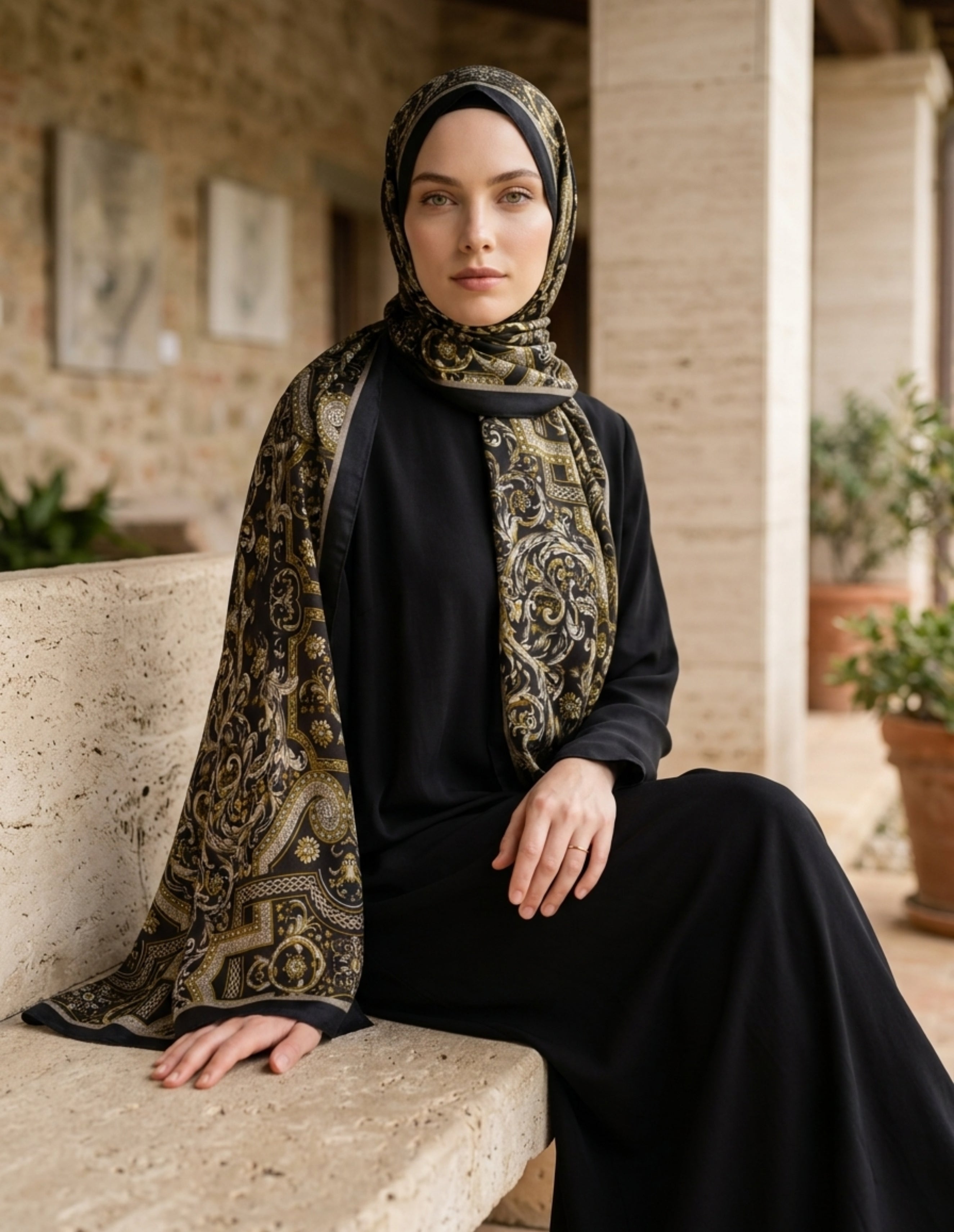 Moda Nûda ED Scarf Celebrity Celestial Şal Siyah Gold detay çekimi