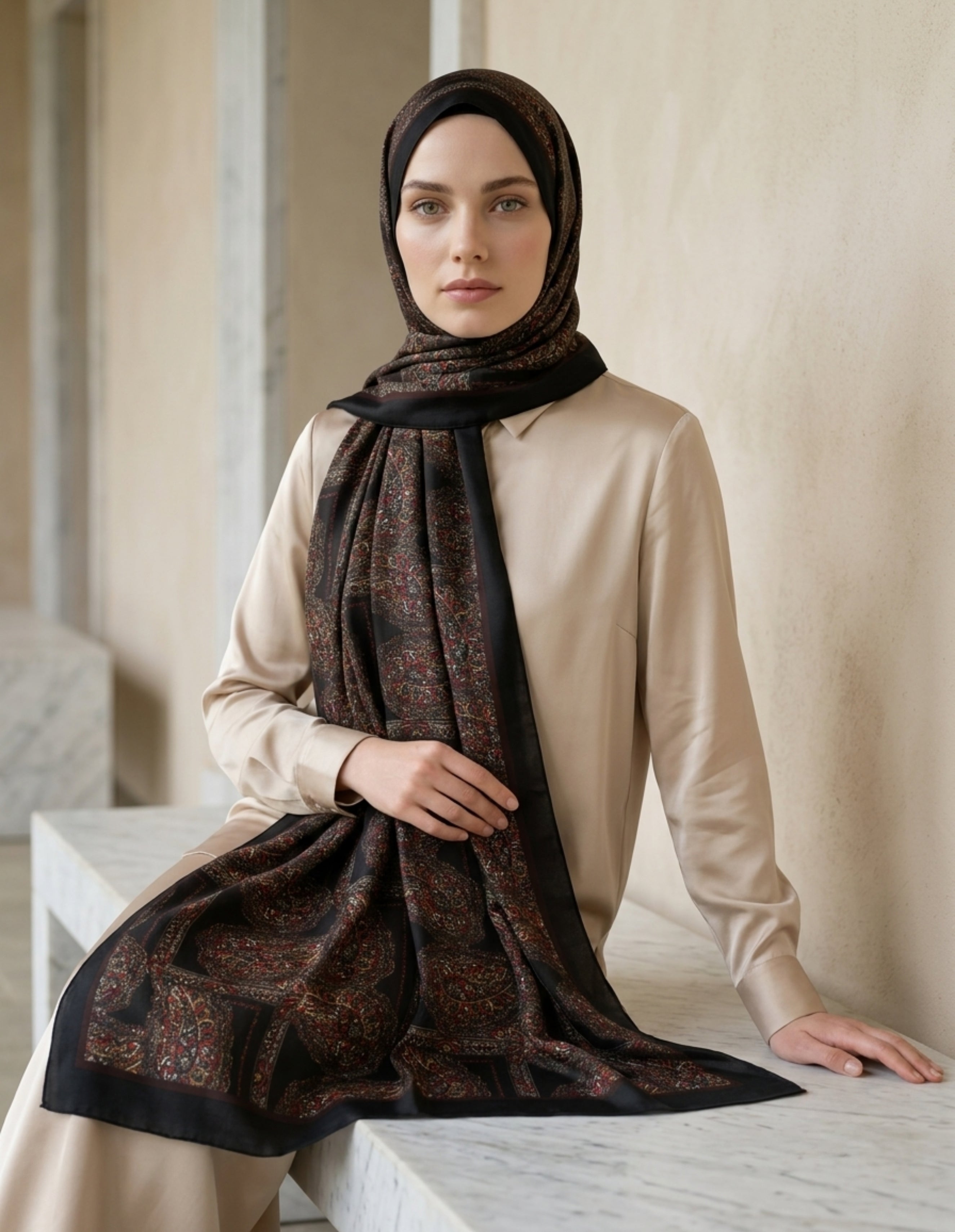 Moda Nûda ED Scarf Iconic Lema Şal Acı Kahve detay çekimi
