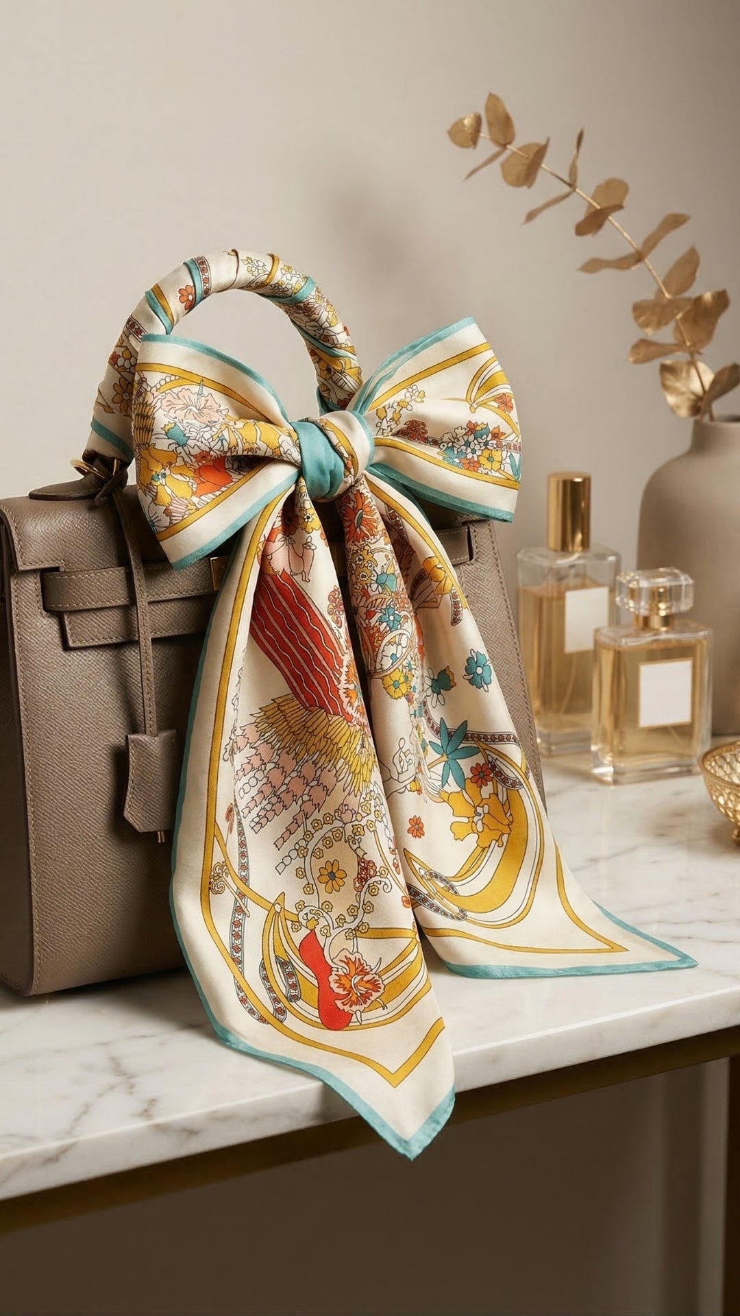 Vintage Çiçek Desenli İpek Fular çantada şık aksesuar kullanımı