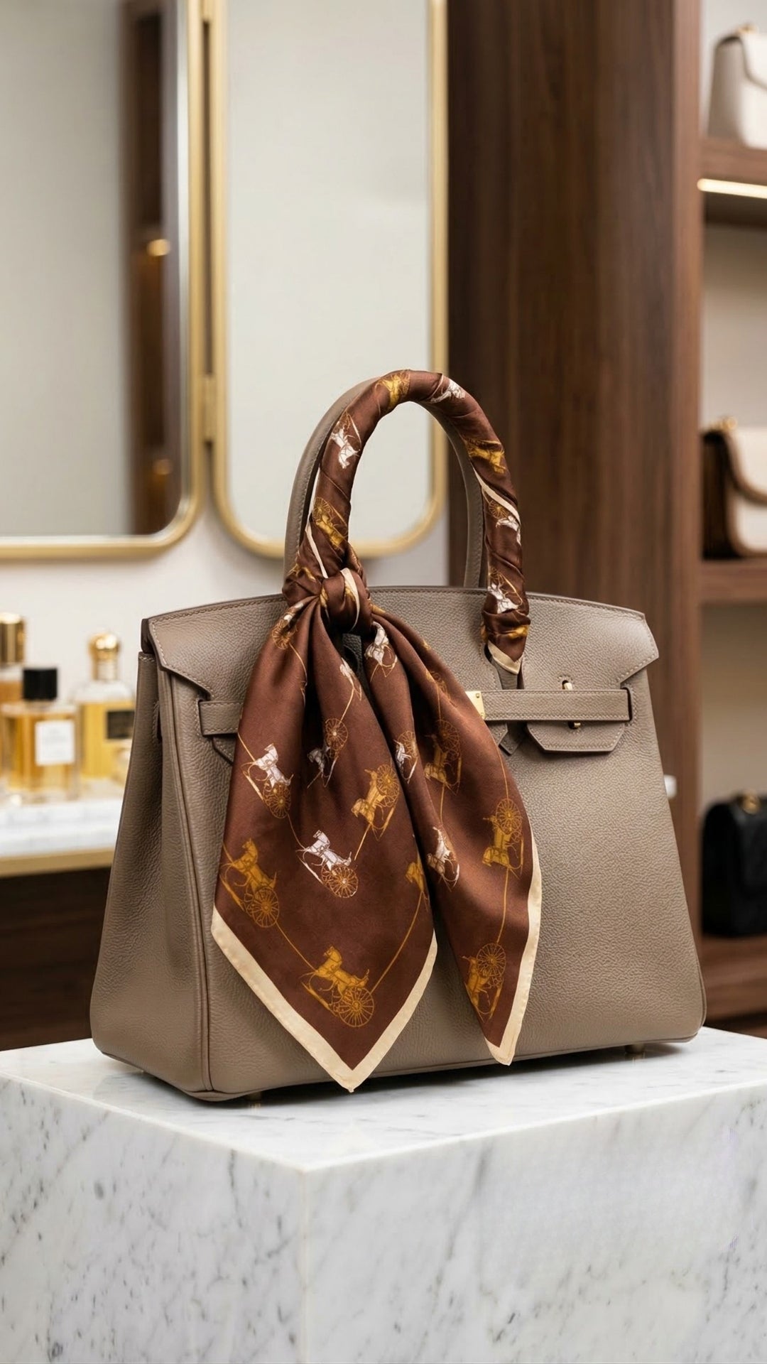 Taba At Arabası Desenli İpek Fular çantada şık aksesuar kullanımı