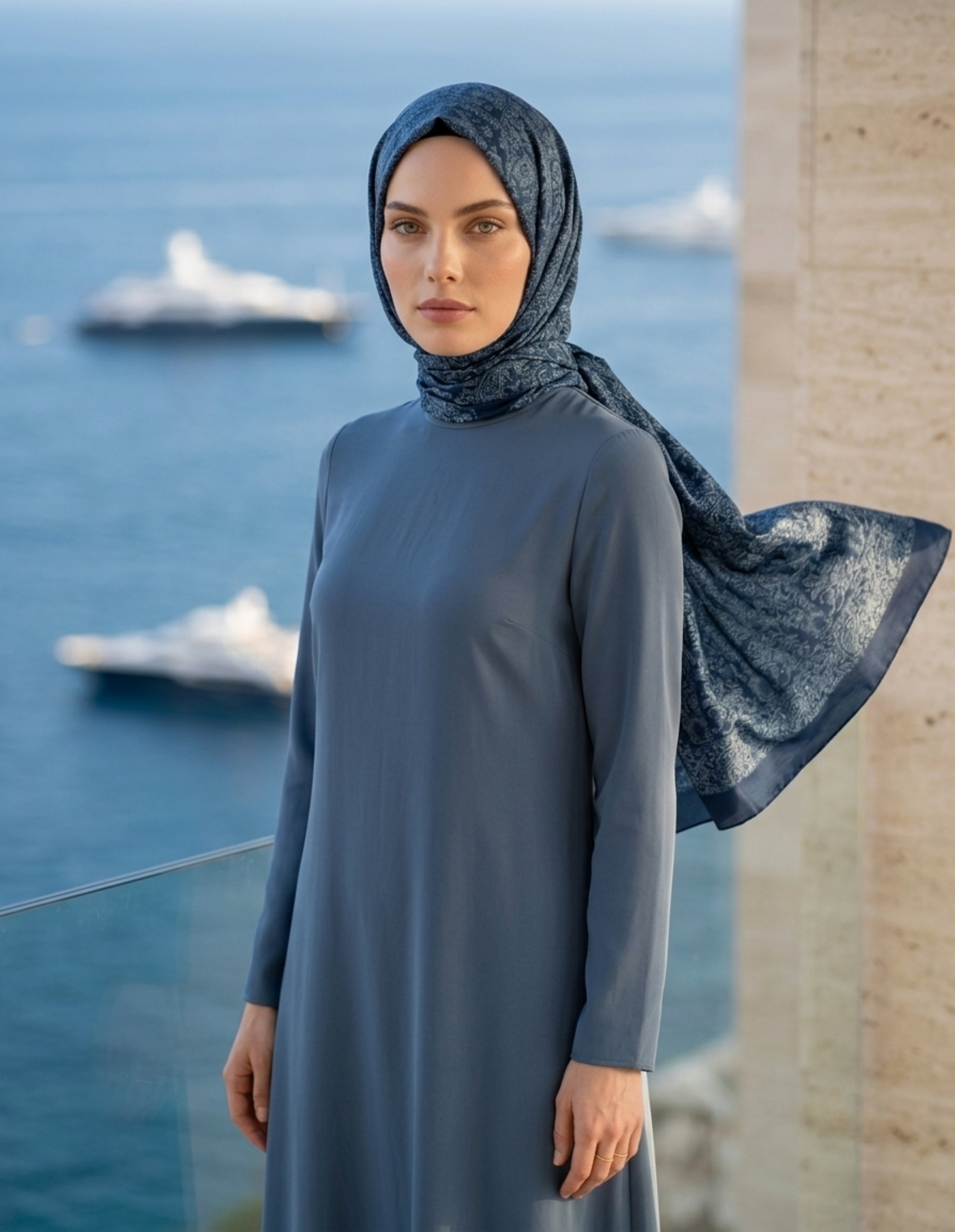 Henna Desen Çift Taraflı Şal Lacivert-Su Yeşili