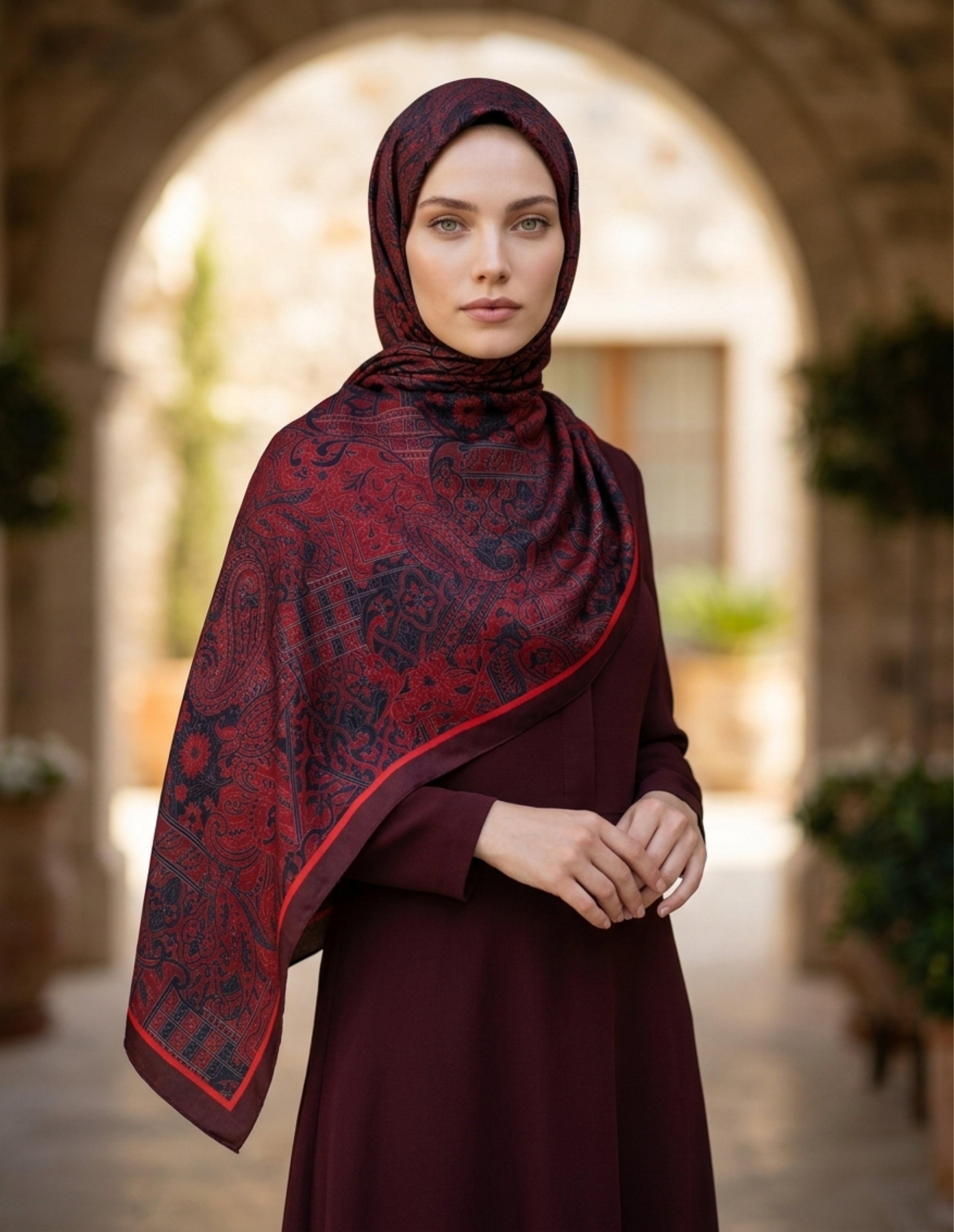 Moda Nûda ED Scarf Iconic Hasna Şal Bordo detay çekimi