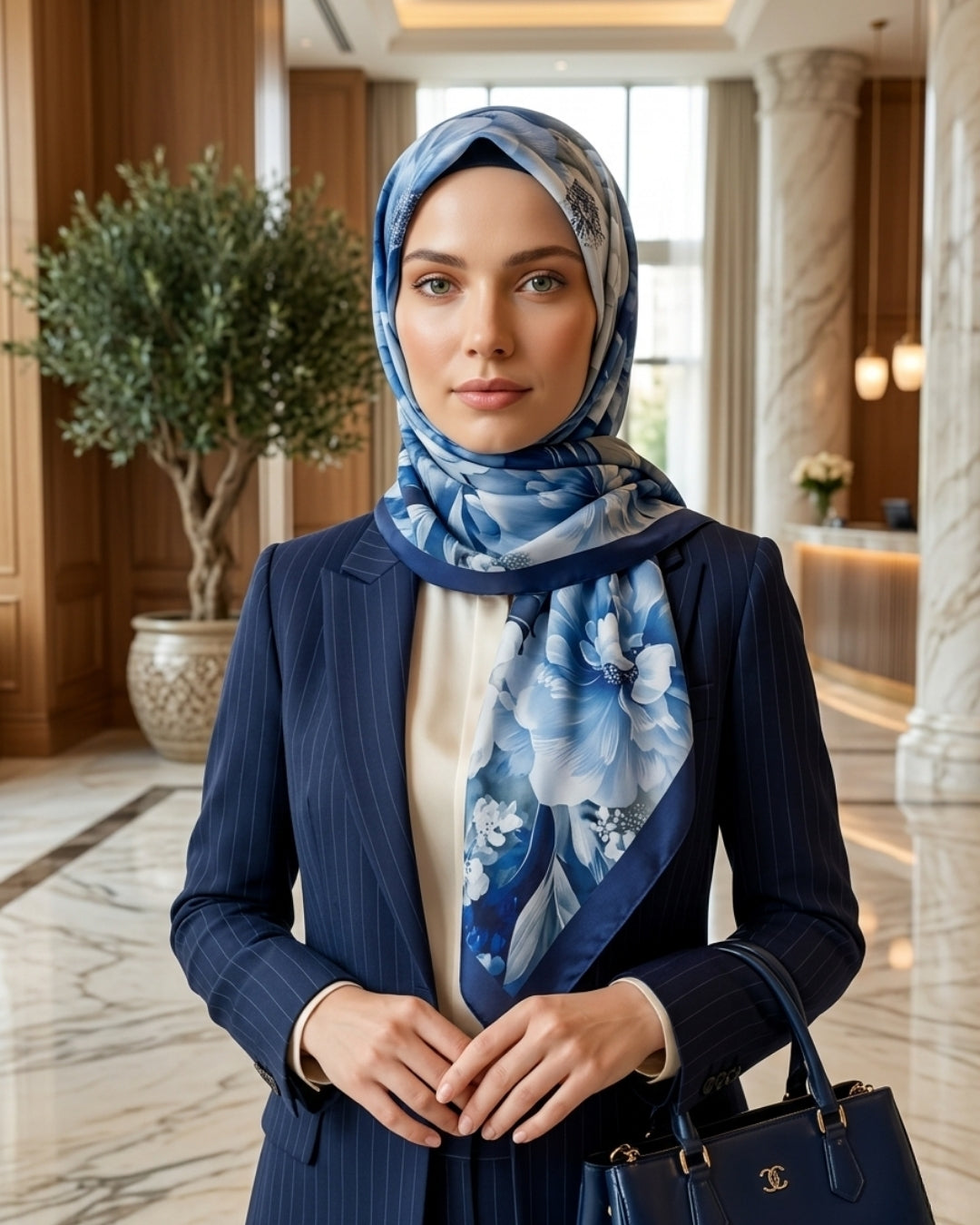 Kadın Desenli Pamuk Soft Şal Mavi Soon Serisi modeli