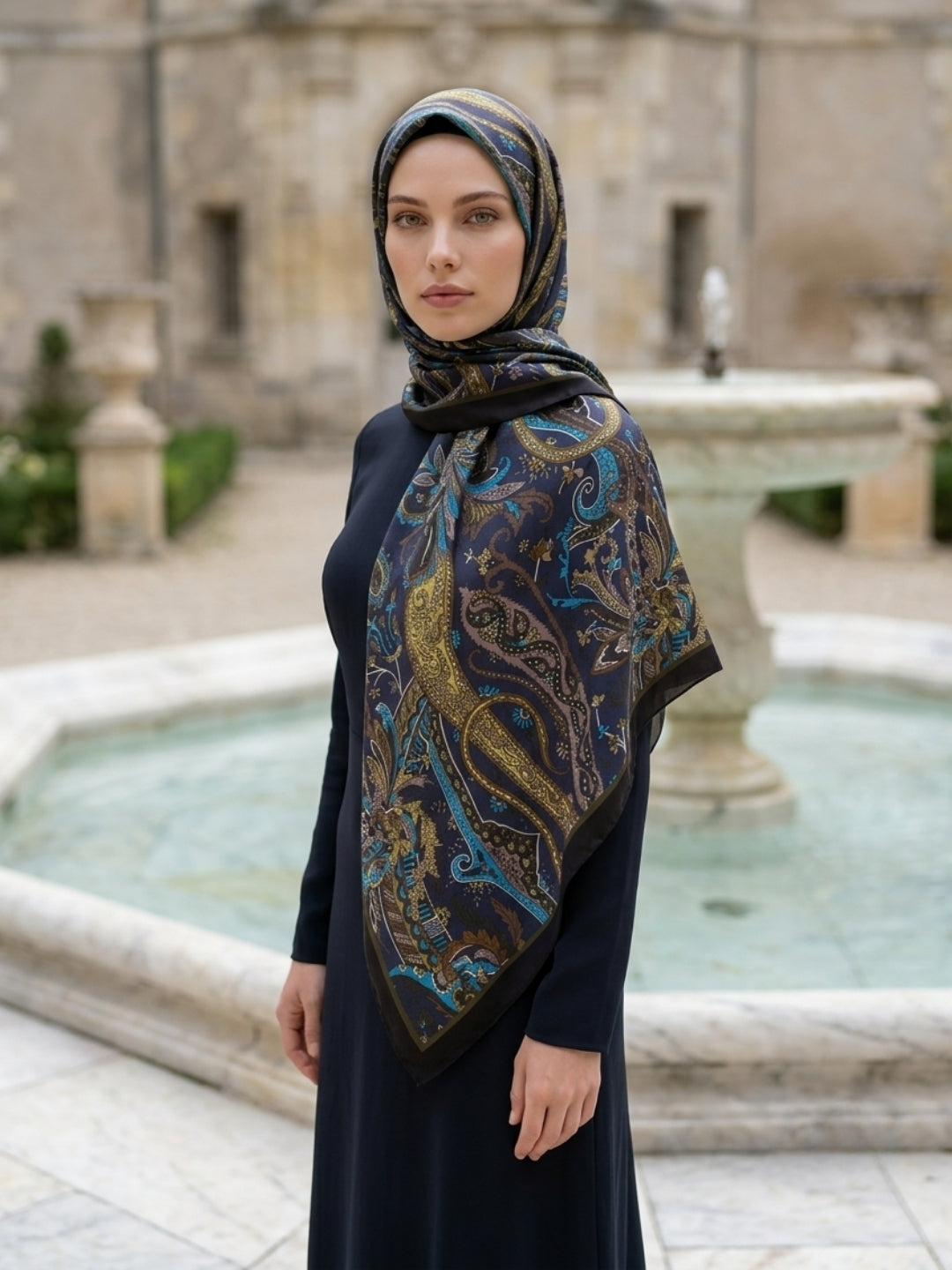 Moda Nûda ED Scarf Pamuk İpek Diamora Şal Lacivert detay çekimi