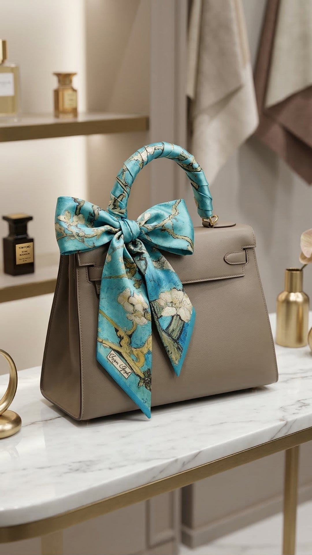 Mavi Badem Çiçeği Desenli İpek Fular çantada aksesuar kullanımı