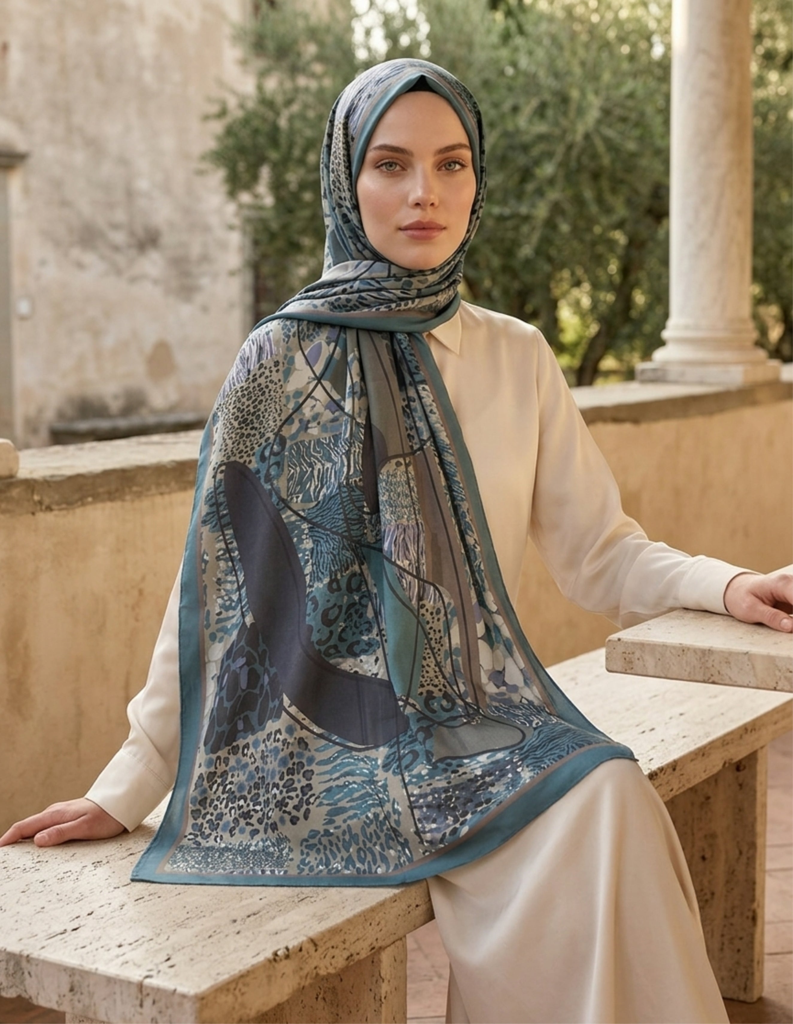 ED Scarf Celebrity Sable Şal Mavi, modern desenli şık bir şal, zarif bir görünüm için idealdir.