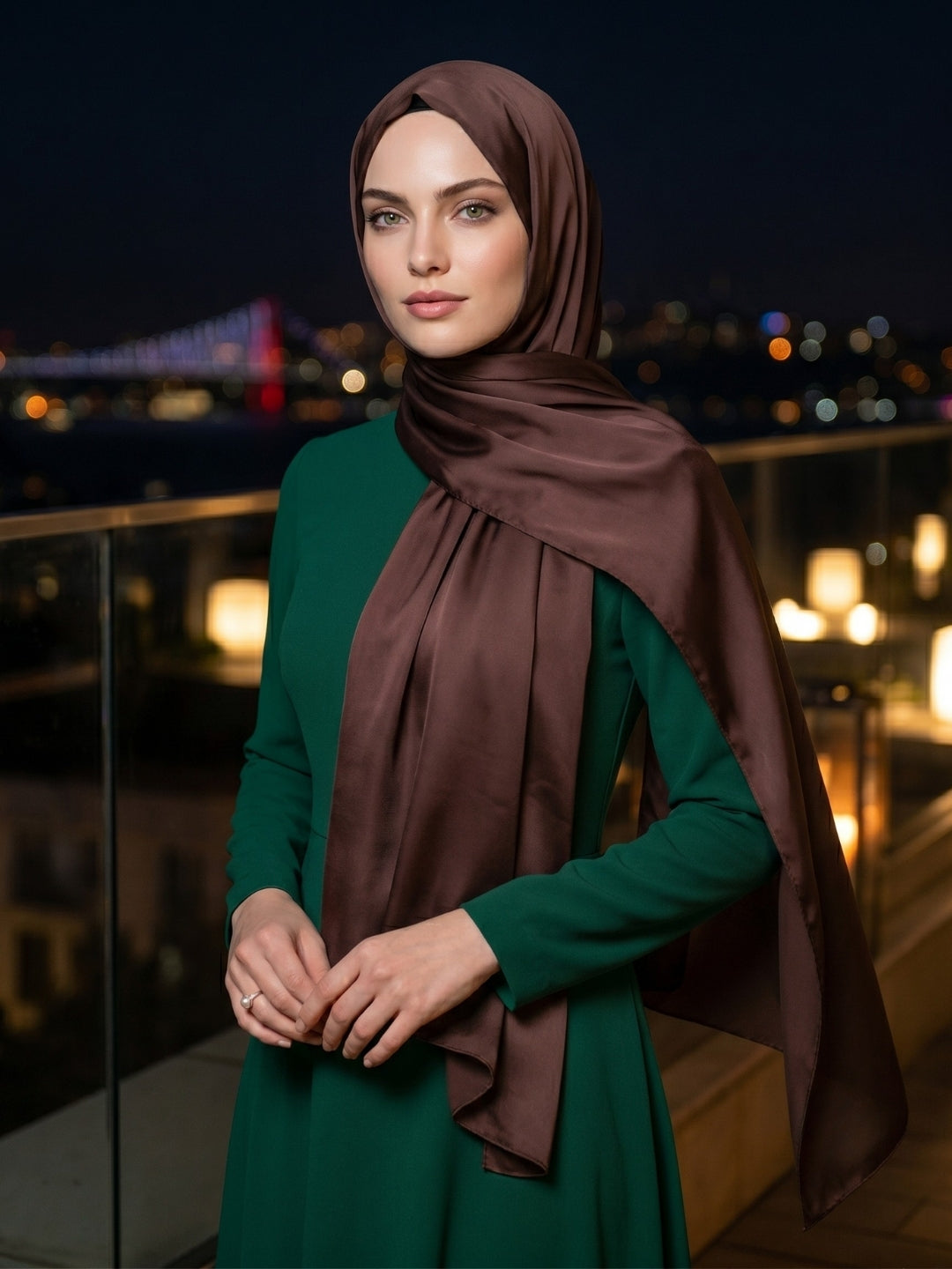 Abiye Saten Janjan Şal Kahve | Işıltılı ve Zarif