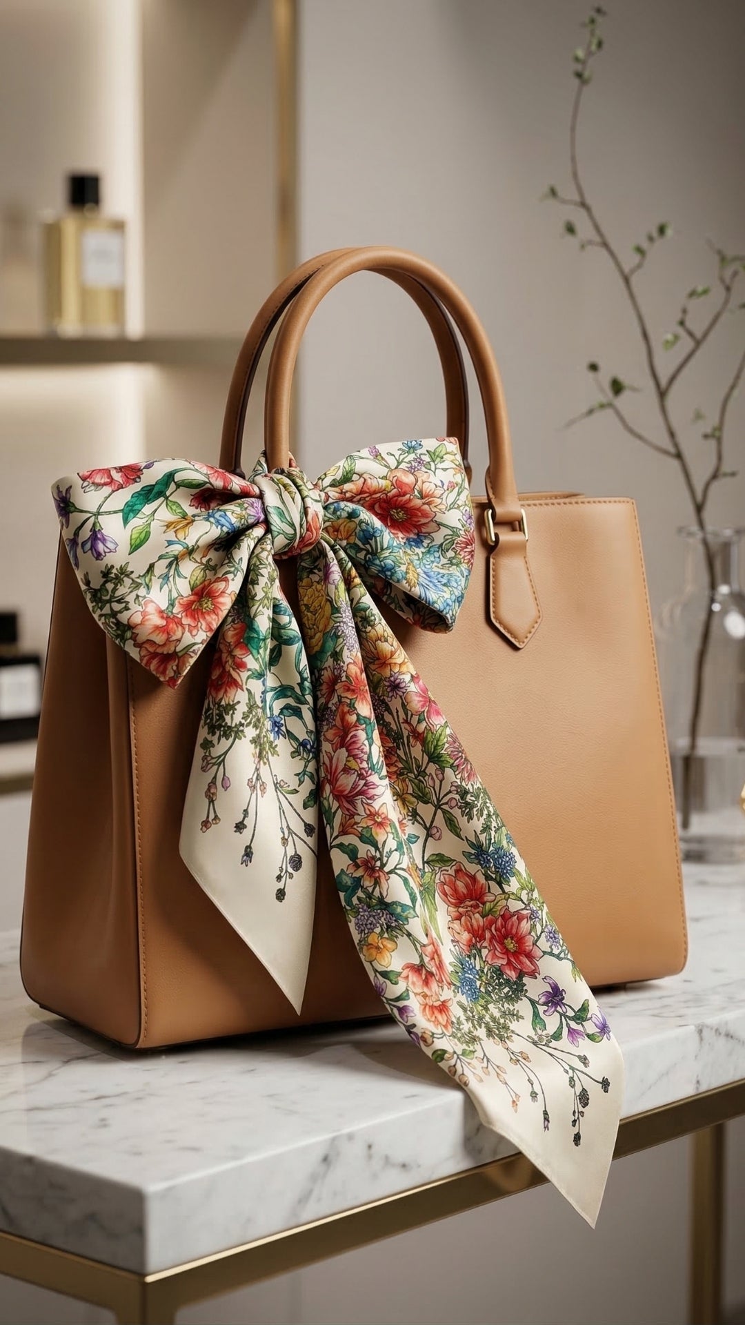 Bahar Çiçekleri Desenli İpek Fular çantada şık aksesuar kullanımı